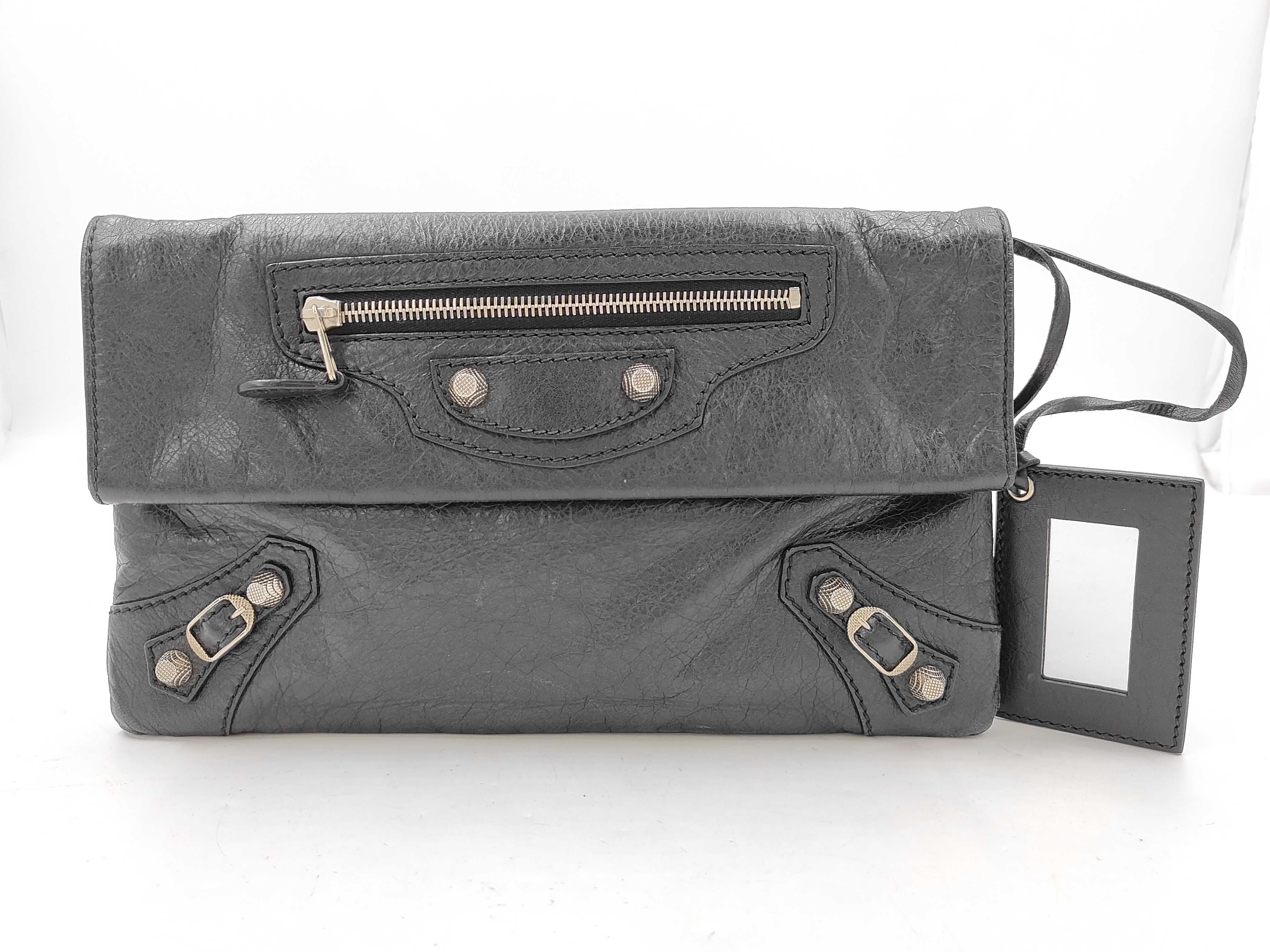 Classic Envelope Lambskin Leather Clutch Bag with Mirror, Black