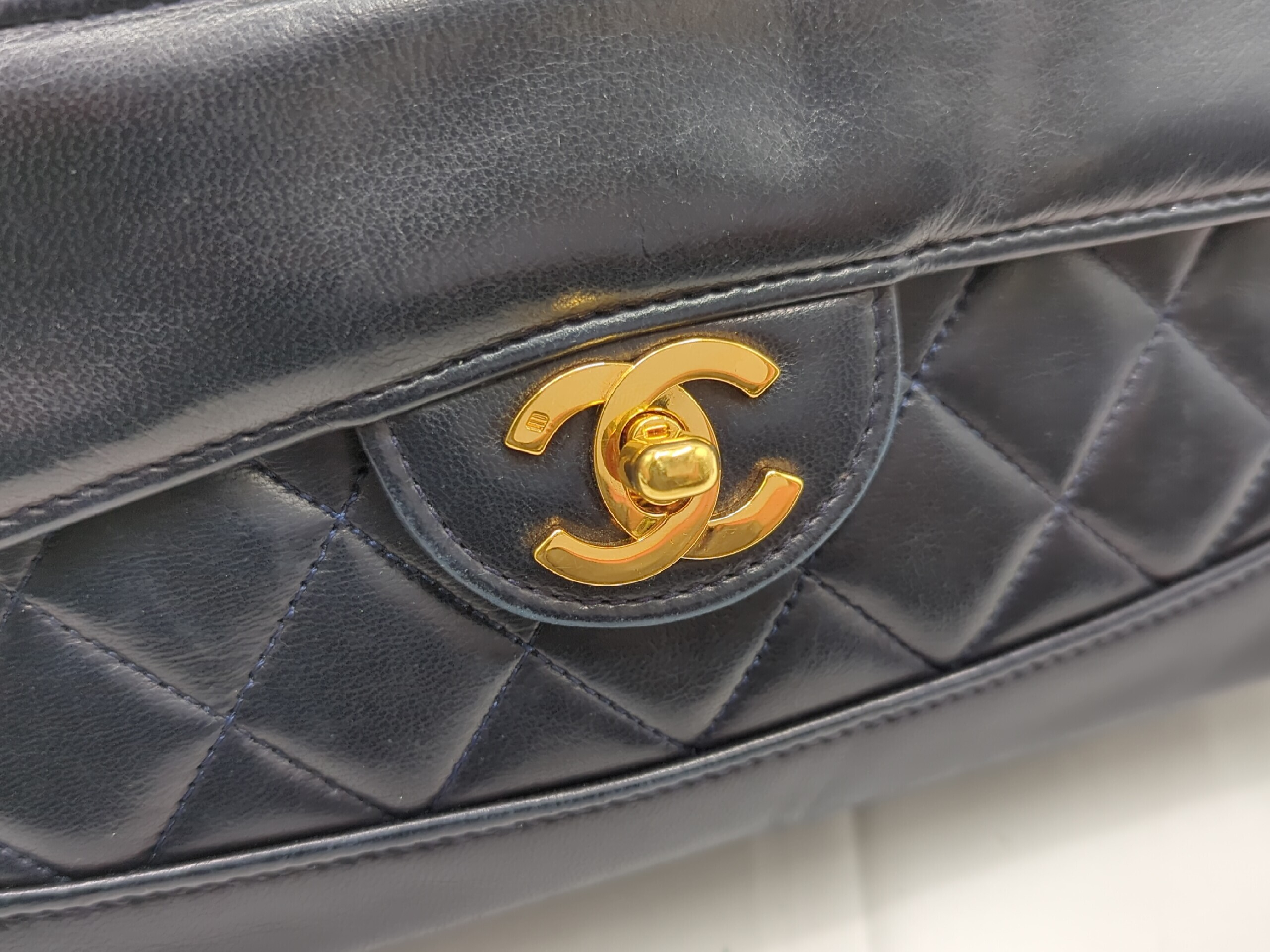 Lambskin Single Flap Matelassé Chain Shoulder Bag, Navy, Series 1 — view 9