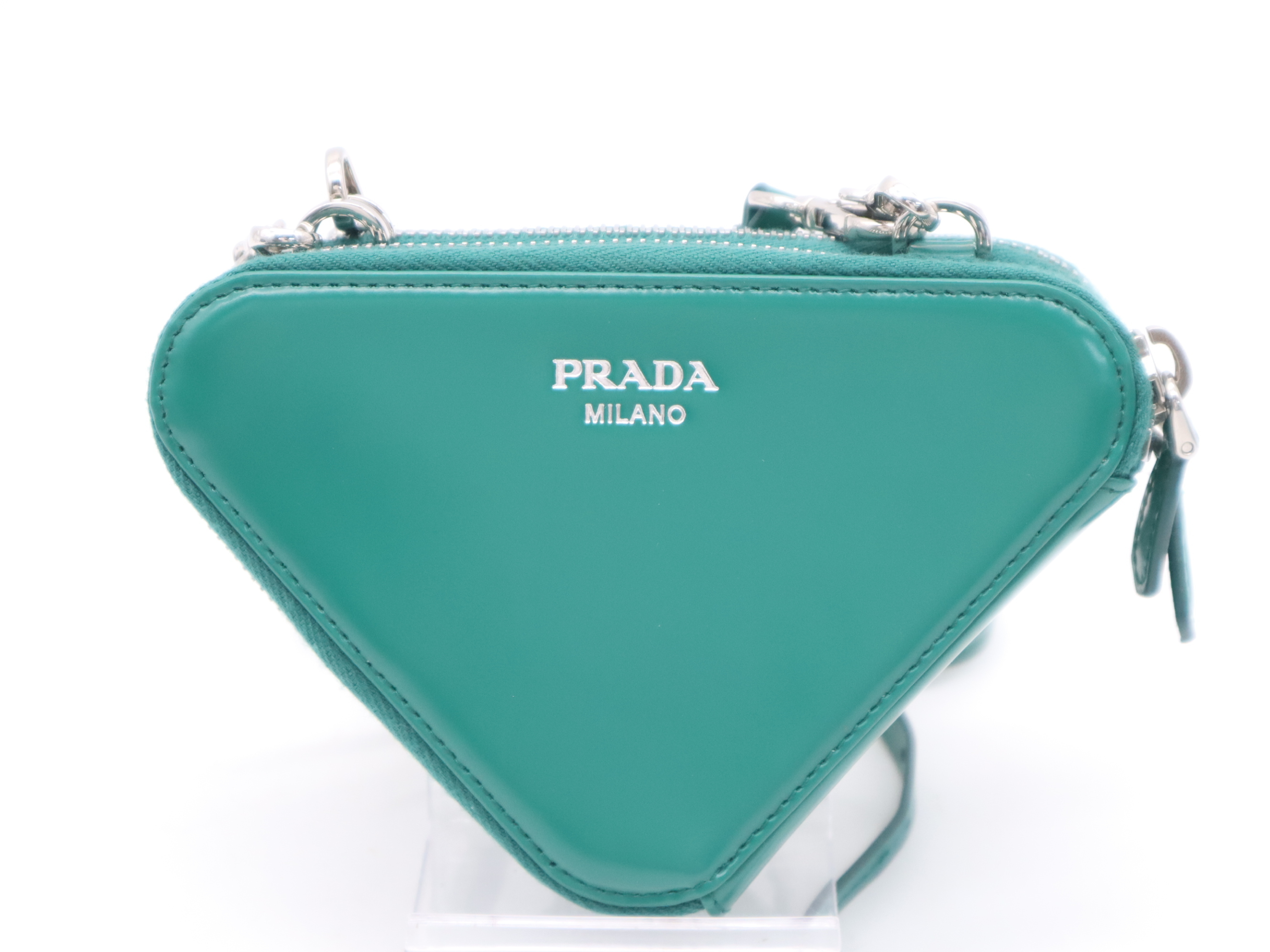 1NR015 Bijou Leather Triangle Mini Pouch, Green, with Shoulder Strap and Box, RFID Tested, Shoulder Bag — view 2