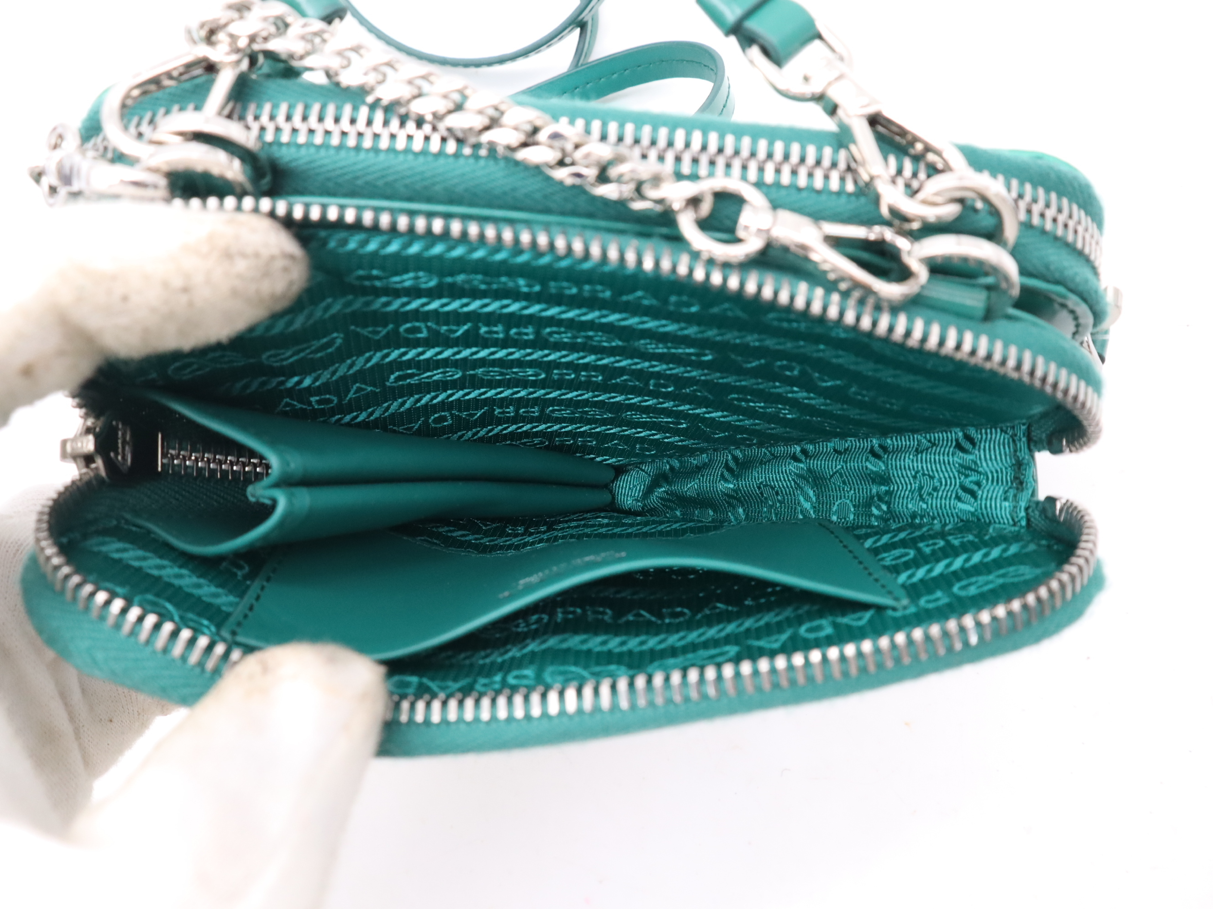 1NR015 Bijou Leather Triangle Mini Pouch, Green, with Shoulder Strap and Box, RFID Tested, Shoulder Bag — view 9
