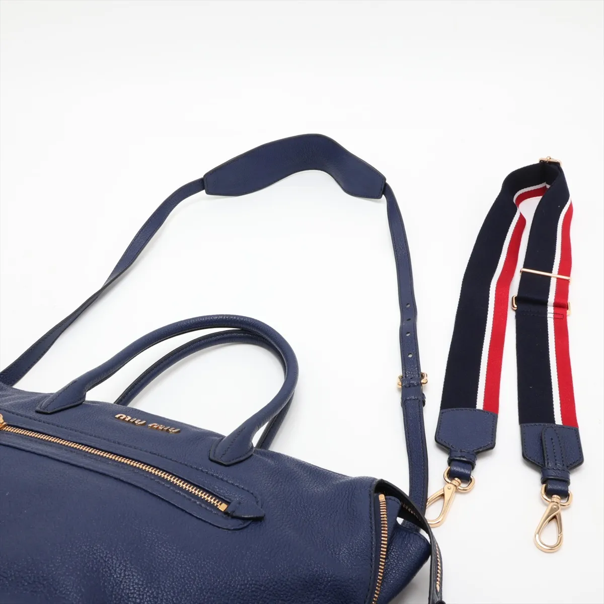 Leather 2-Way Handbag, Navy — view 7