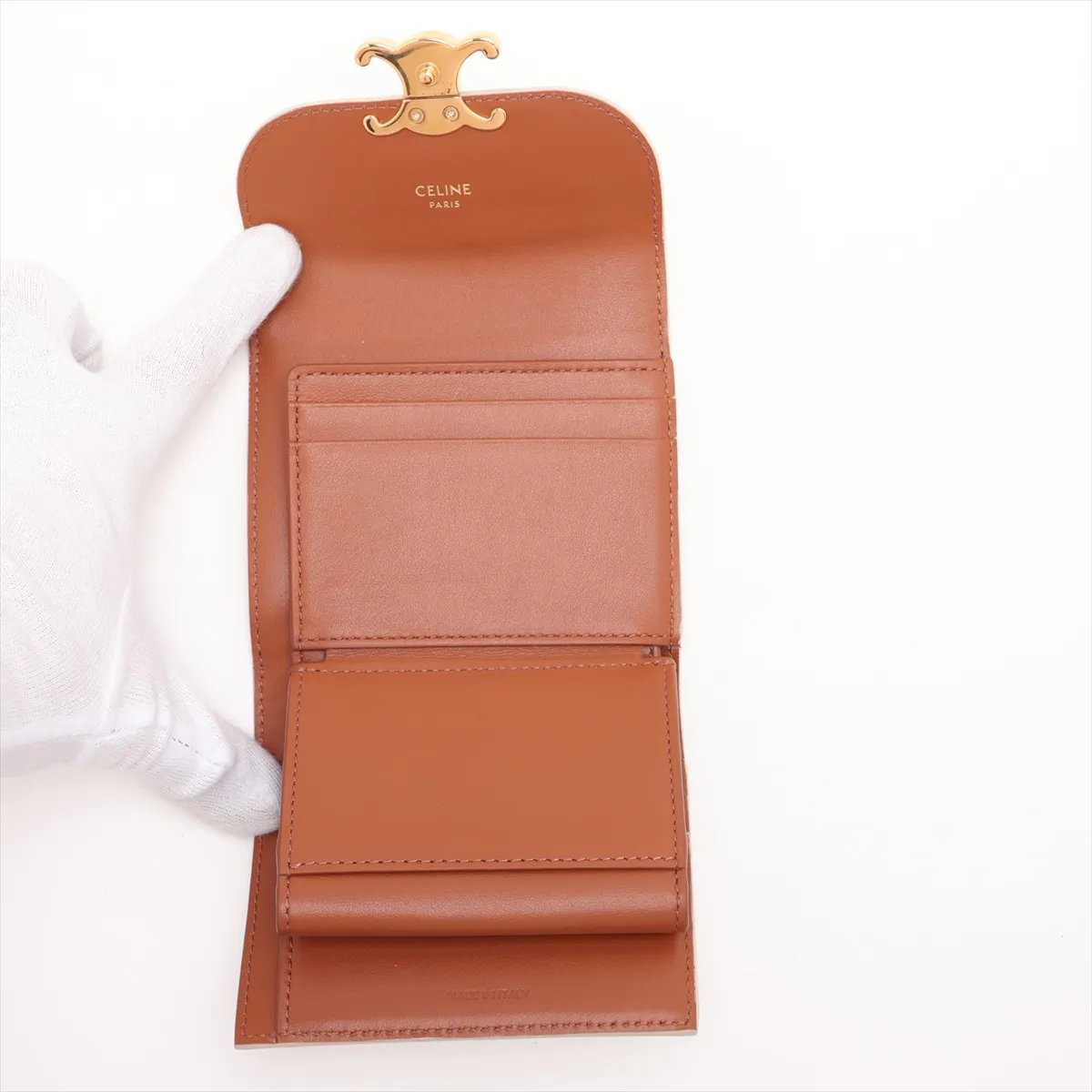 Triomphe Small Flap Wallet Leather Compact Wallet Beige — view 5