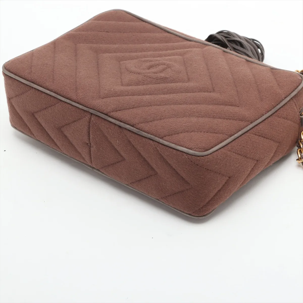 Cocomark Wool x Lambskin Chain Shoulder Bag Fringe Brown x Gray Gold Hardware — view 3