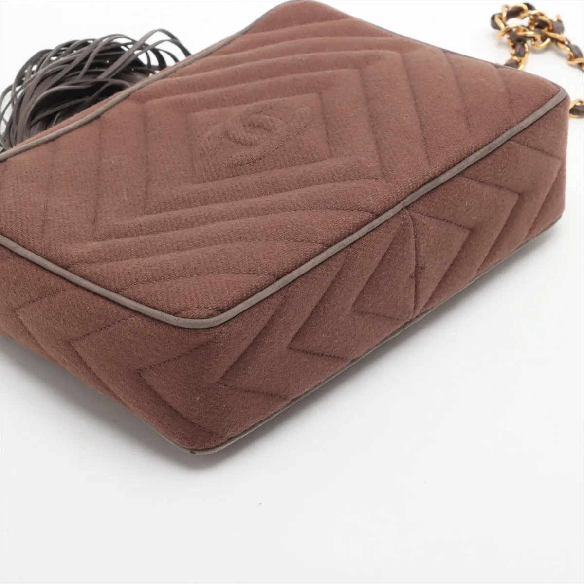 Cocomark Wool x Lambskin Chain Shoulder Bag Fringe Brown x Gray Gold Hardware — view 4