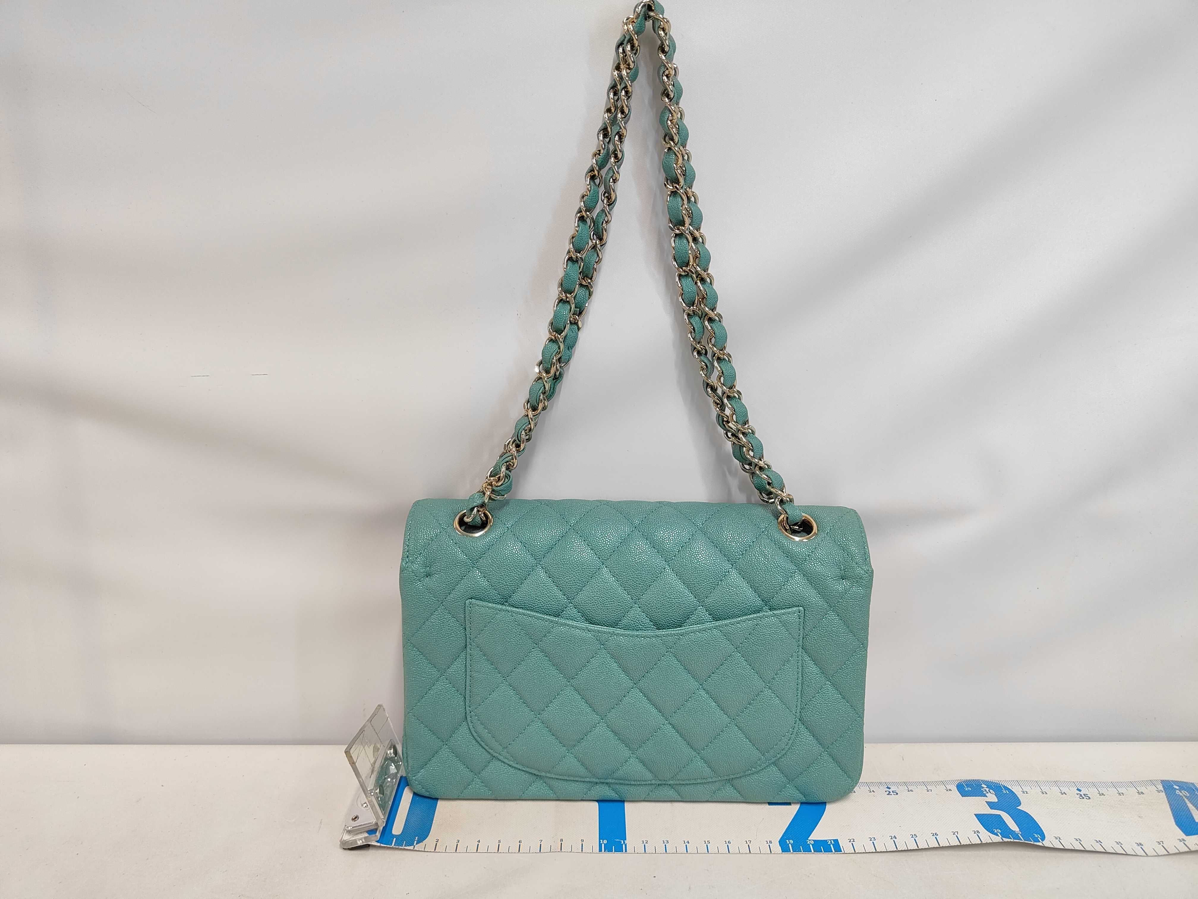 Double Flap 23 Chain Shoulder Bag, Matelassé, Caviar Leather, Mint Green, PG (Pink Gold) — view 2