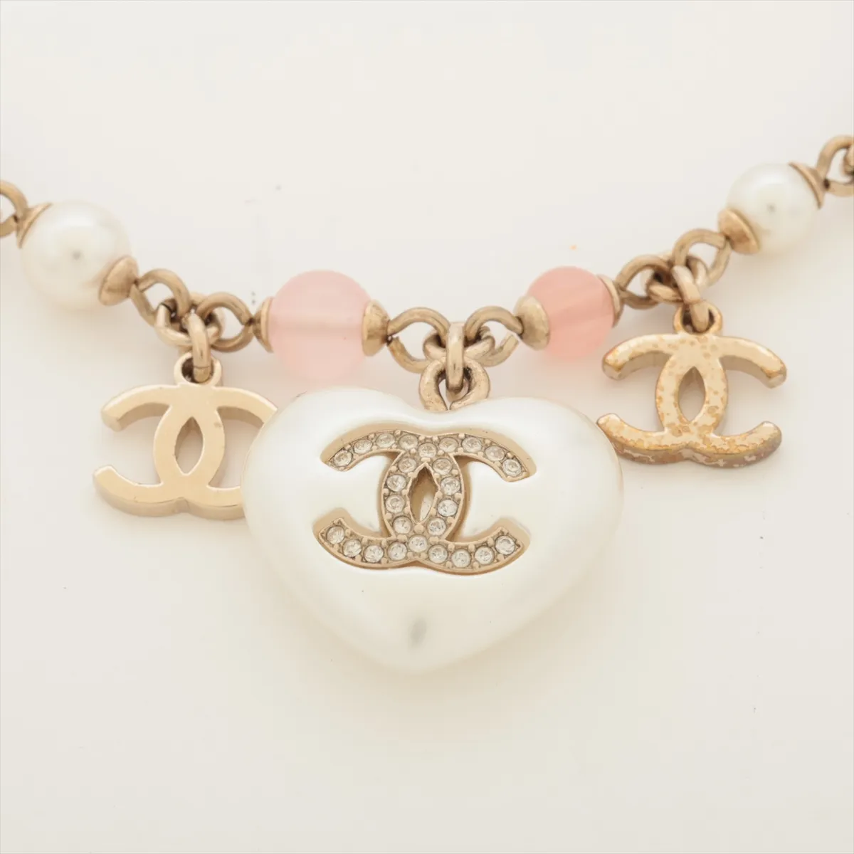 Coco Mark Heart A21B Bracelet, GP x Rhinestone x Faux Pearl, Gold, — view 2