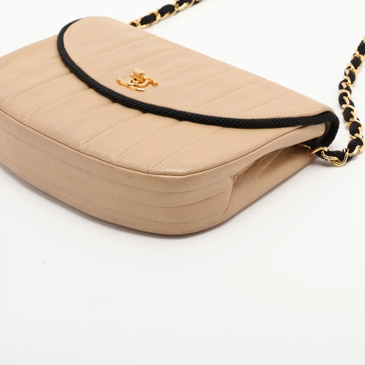 Mademoiselle Lambskin Chain Shoulder Bag, Beige x Black, Gold Hardware — view 3