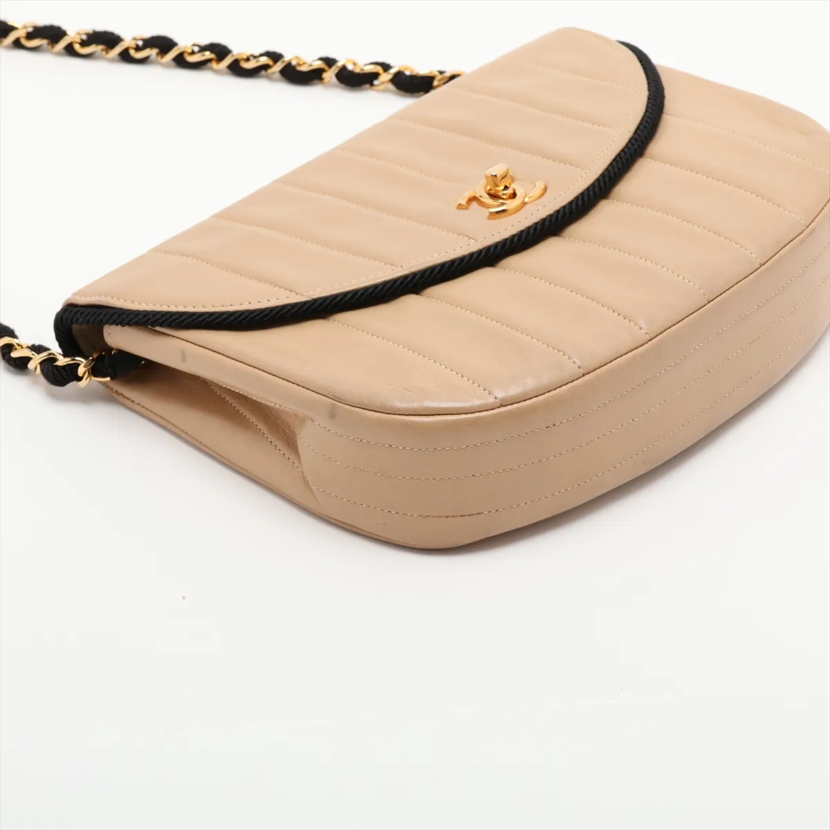 Mademoiselle Lambskin Chain Shoulder Bag, Beige x Black, Gold Hardware — view 4