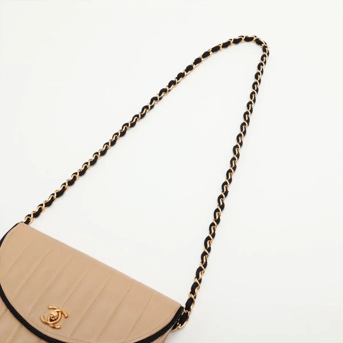 Mademoiselle Lambskin Chain Shoulder Bag, Beige x Black, Gold Hardware — view 5