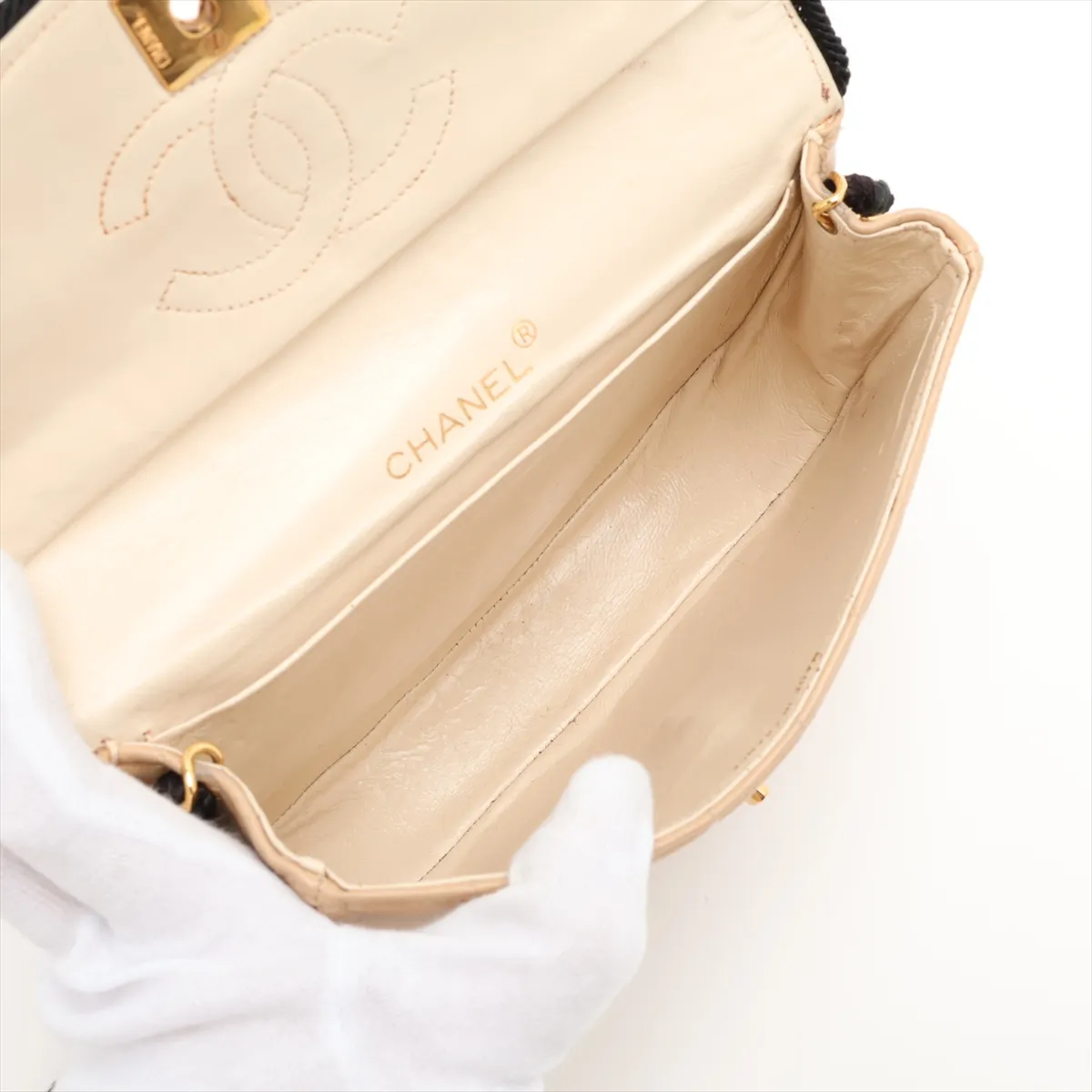 Mademoiselle Lambskin Chain Shoulder Bag, Beige x Black, Gold Hardware — view 6