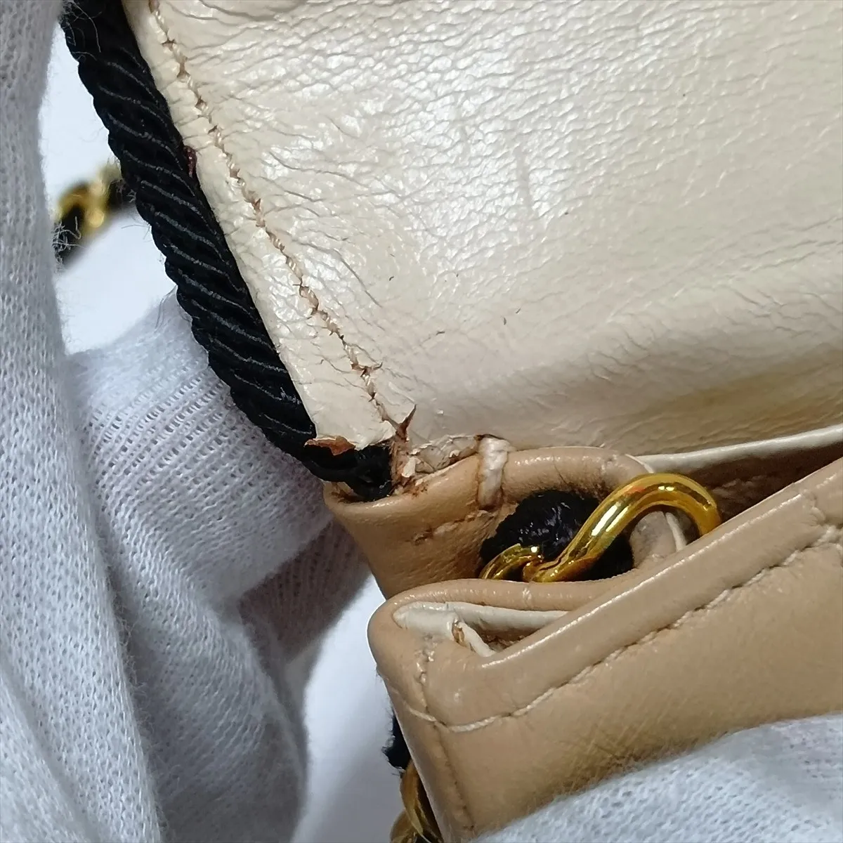 Mademoiselle Lambskin Chain Shoulder Bag, Beige x Black, Gold Hardware — view 9