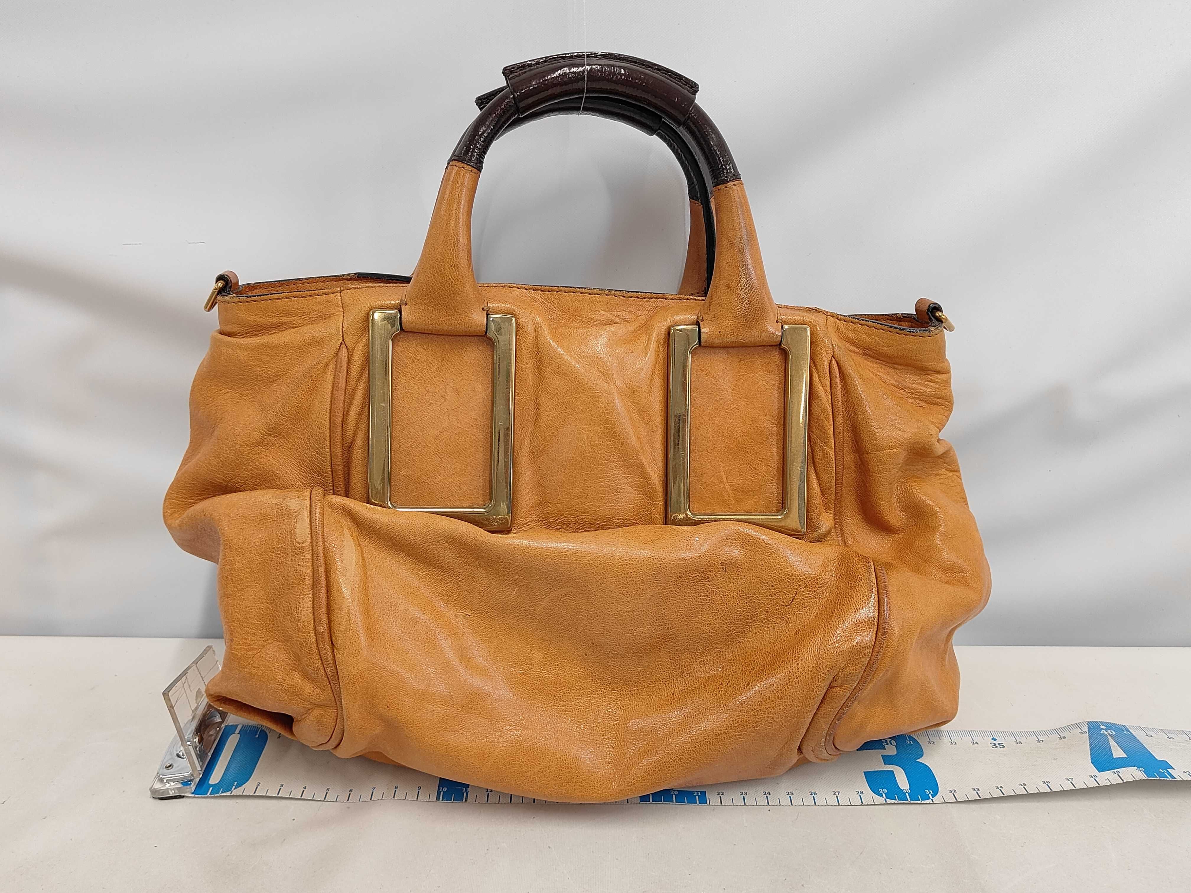 ETHEL all-leather camel handbag with metal hardware. — view 2