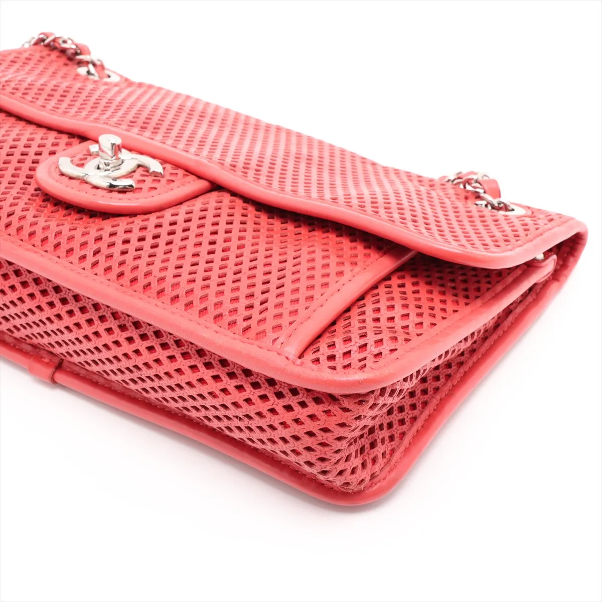 French Riviera Lambskin Single Flap Double Chain Bag, Perforated Red, Silver Hardware, 17422081, Serial Number 17 — view 3