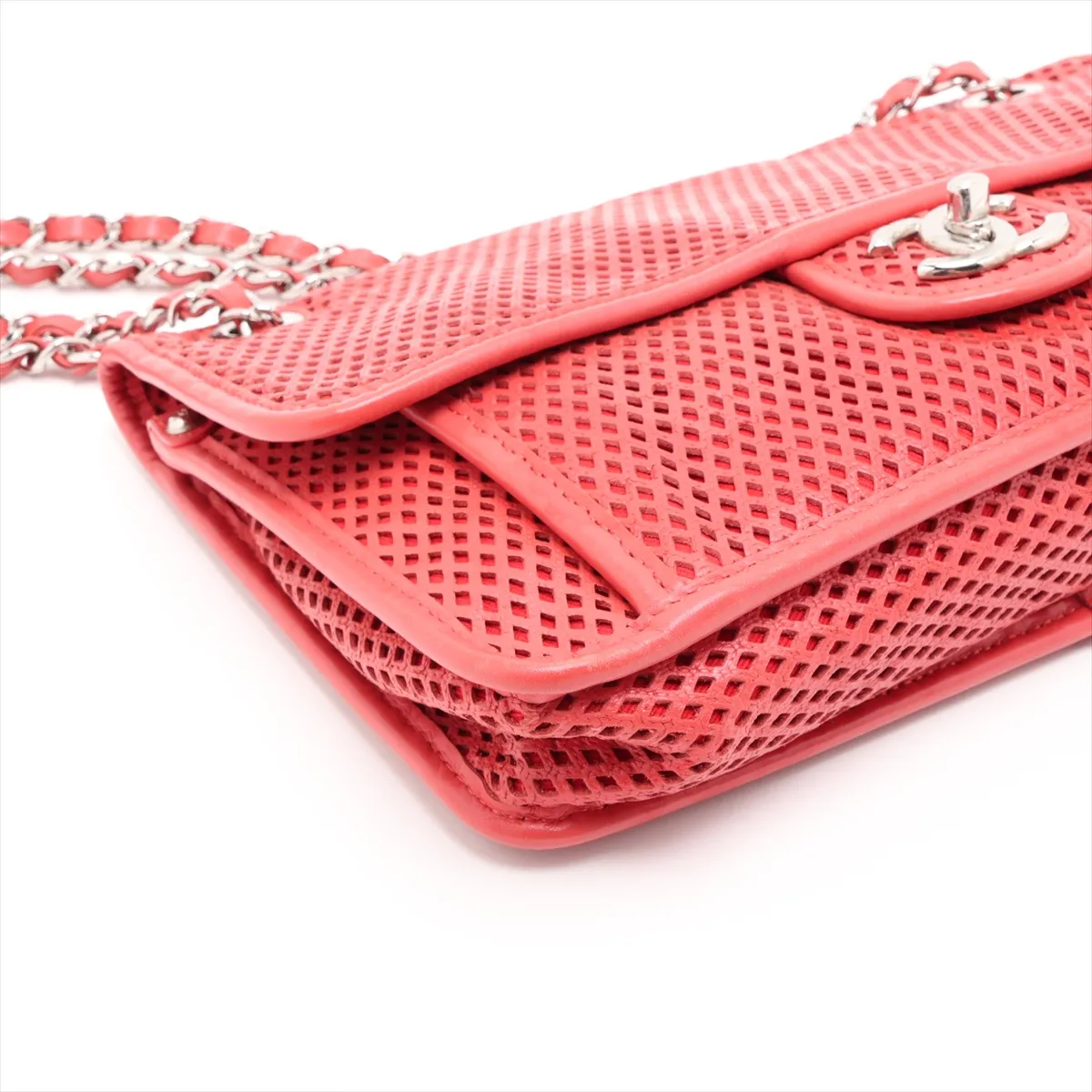 French Riviera Lambskin Single Flap Double Chain Bag, Perforated Red, Silver Hardware, 17422081, Serial Number 17 — view 4