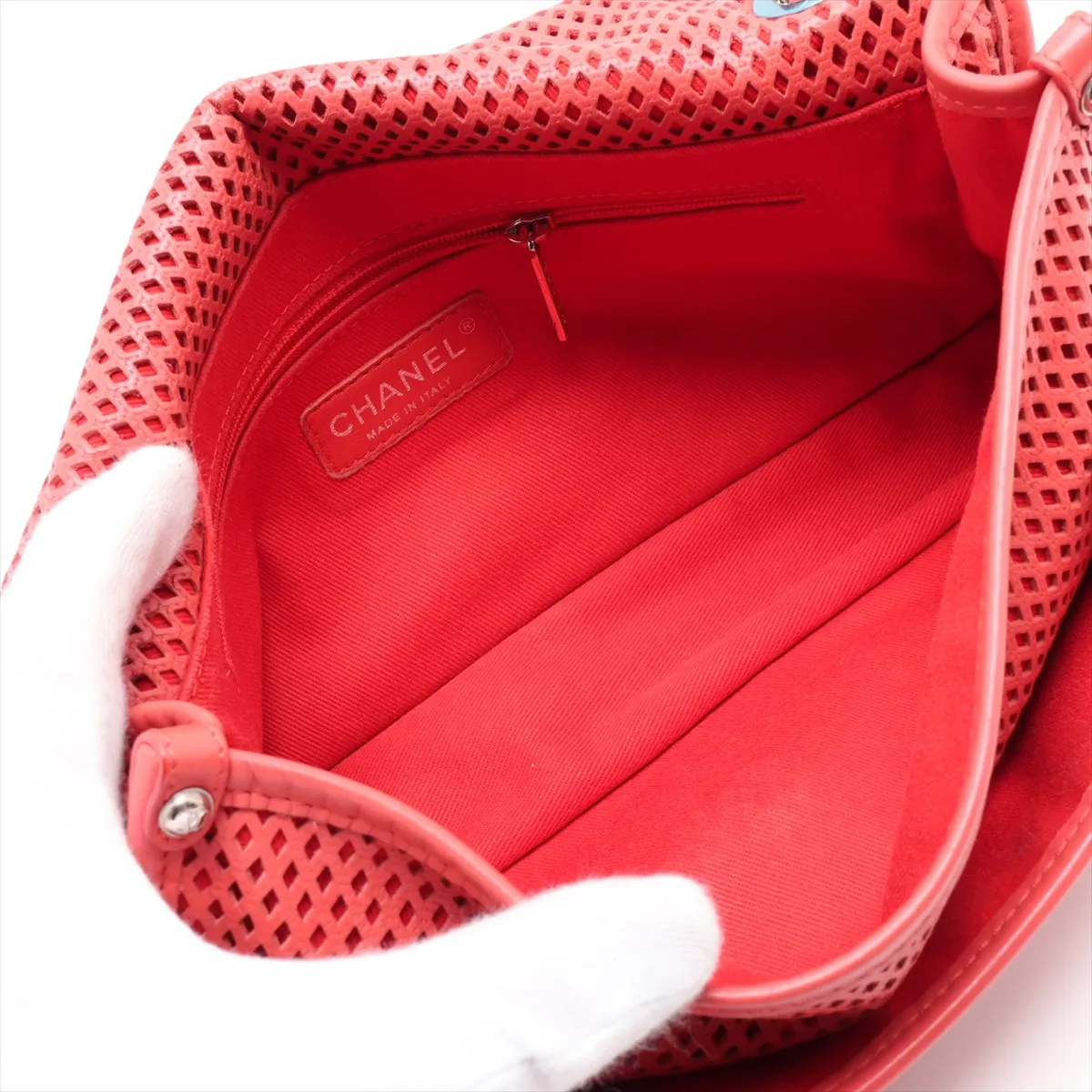 French Riviera Lambskin Single Flap Double Chain Bag, Perforated Red, Silver Hardware, 17422081, Serial Number 17 — view 7