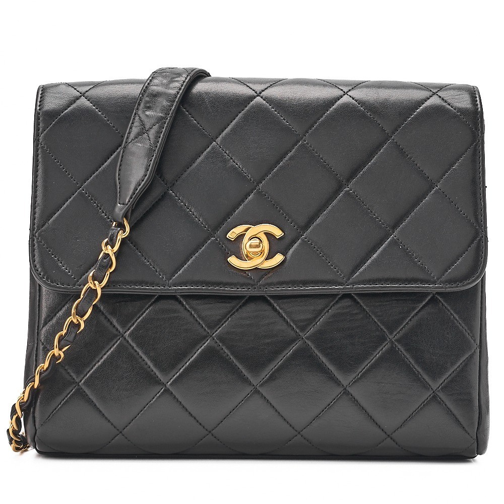 Lambskin Matelassé Single Flap Chain Shoulder Bag, Black