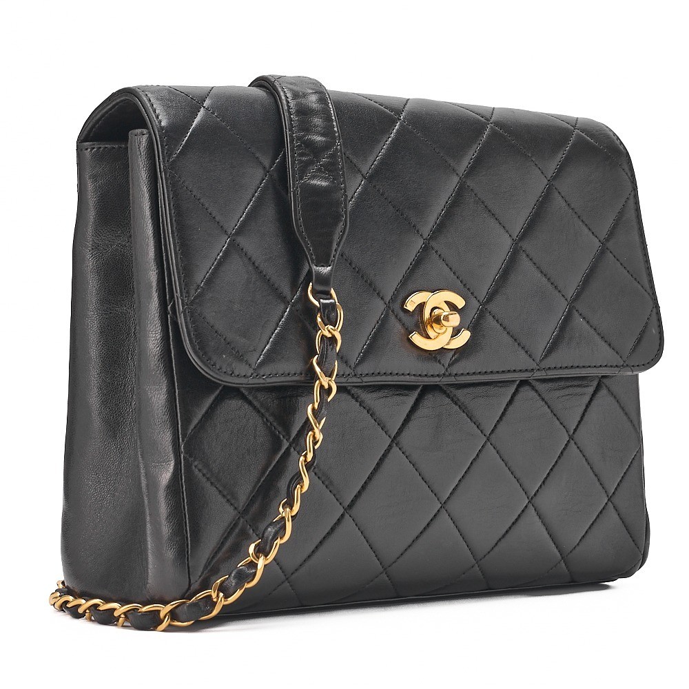 Lambskin Matelassé Single Flap Chain Shoulder Bag, Black — view 3