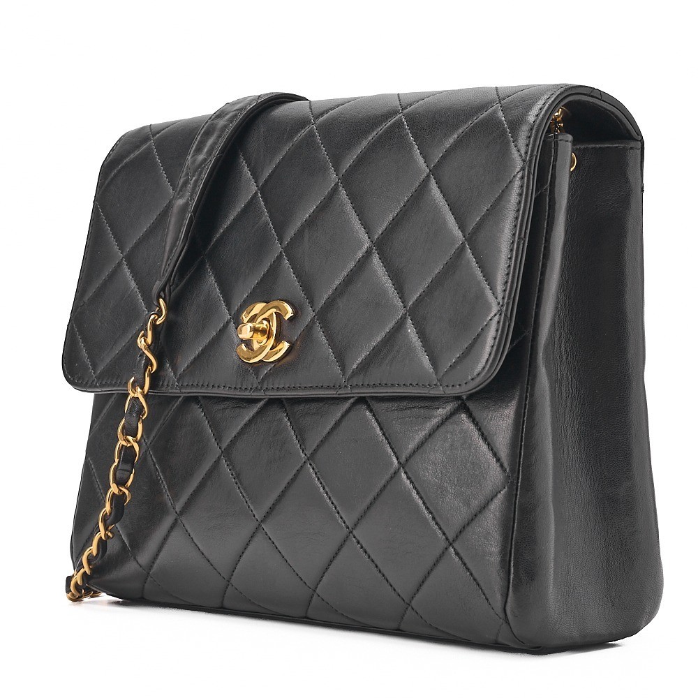 Lambskin Matelassé Single Flap Chain Shoulder Bag, Black — view 4