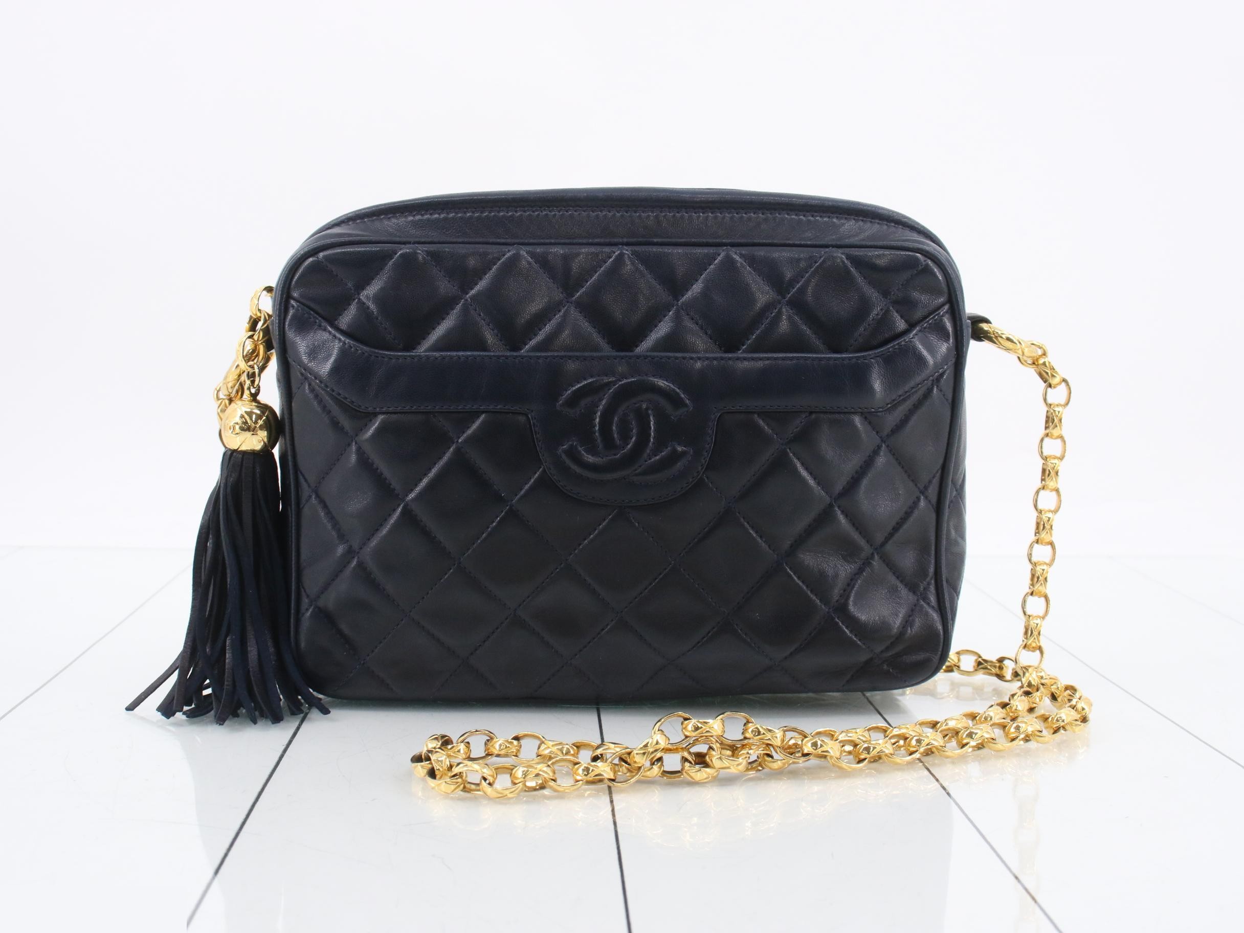 Fringe Small Camera Bag with Chain Shoulder Strap, Lambskin, Navy, Unit 1