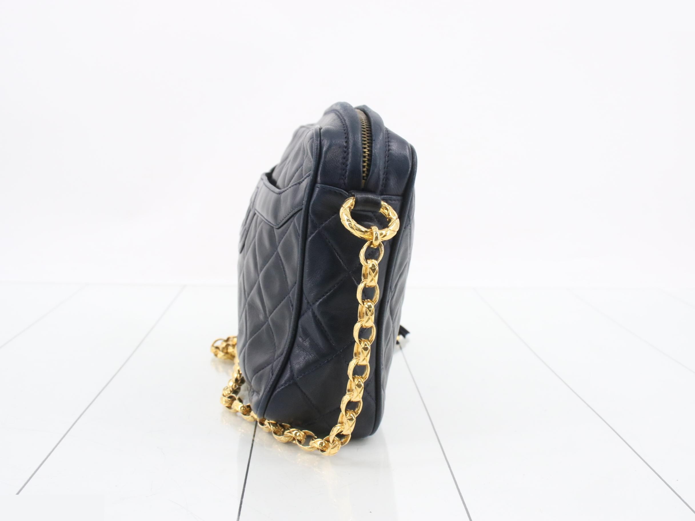 Fringe Small Camera Bag with Chain Shoulder Strap, Lambskin, Navy, Unit 1 — view 3