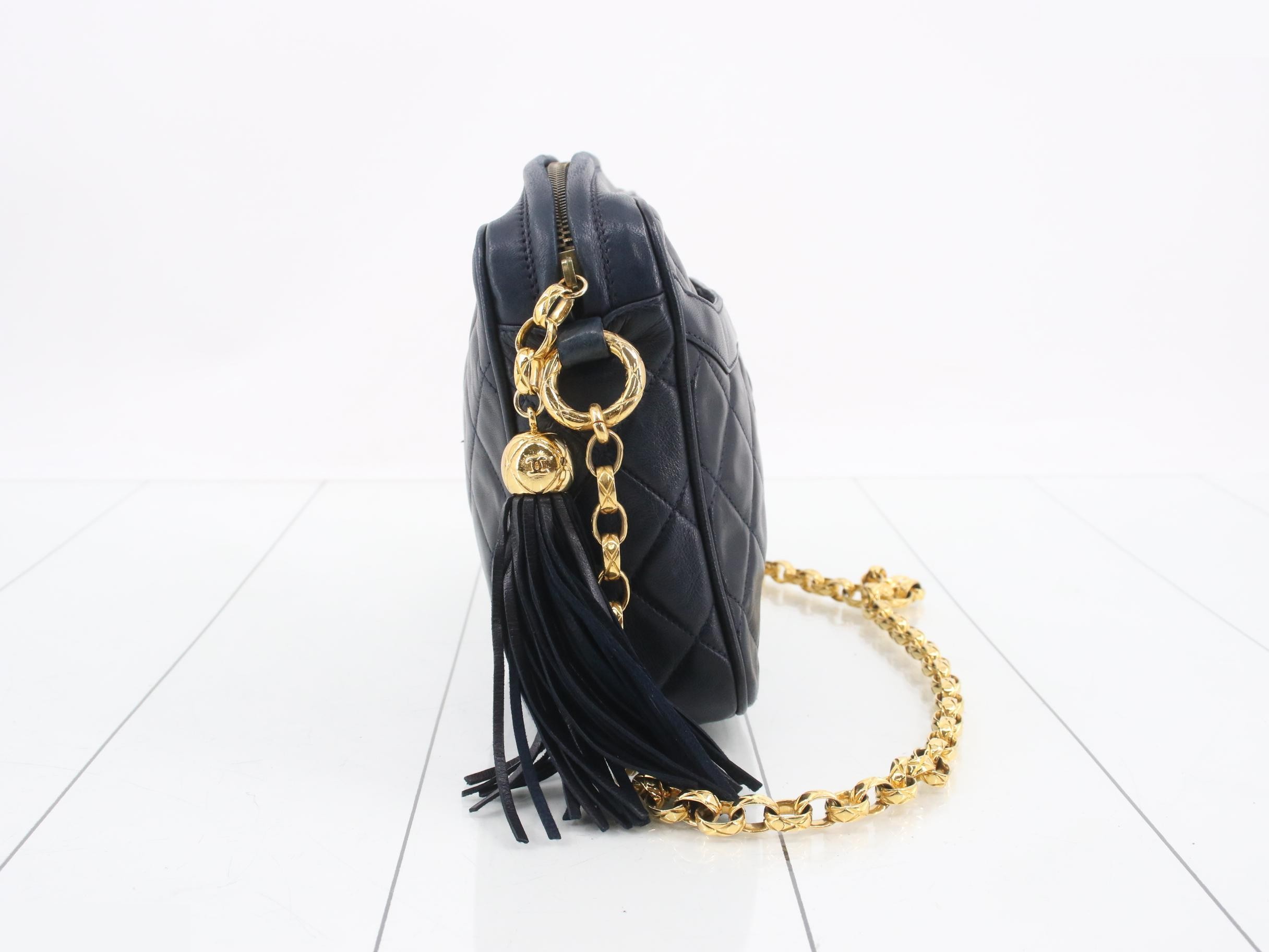 Fringe Small Camera Bag with Chain Shoulder Strap, Lambskin, Navy, Unit 1 — view 4