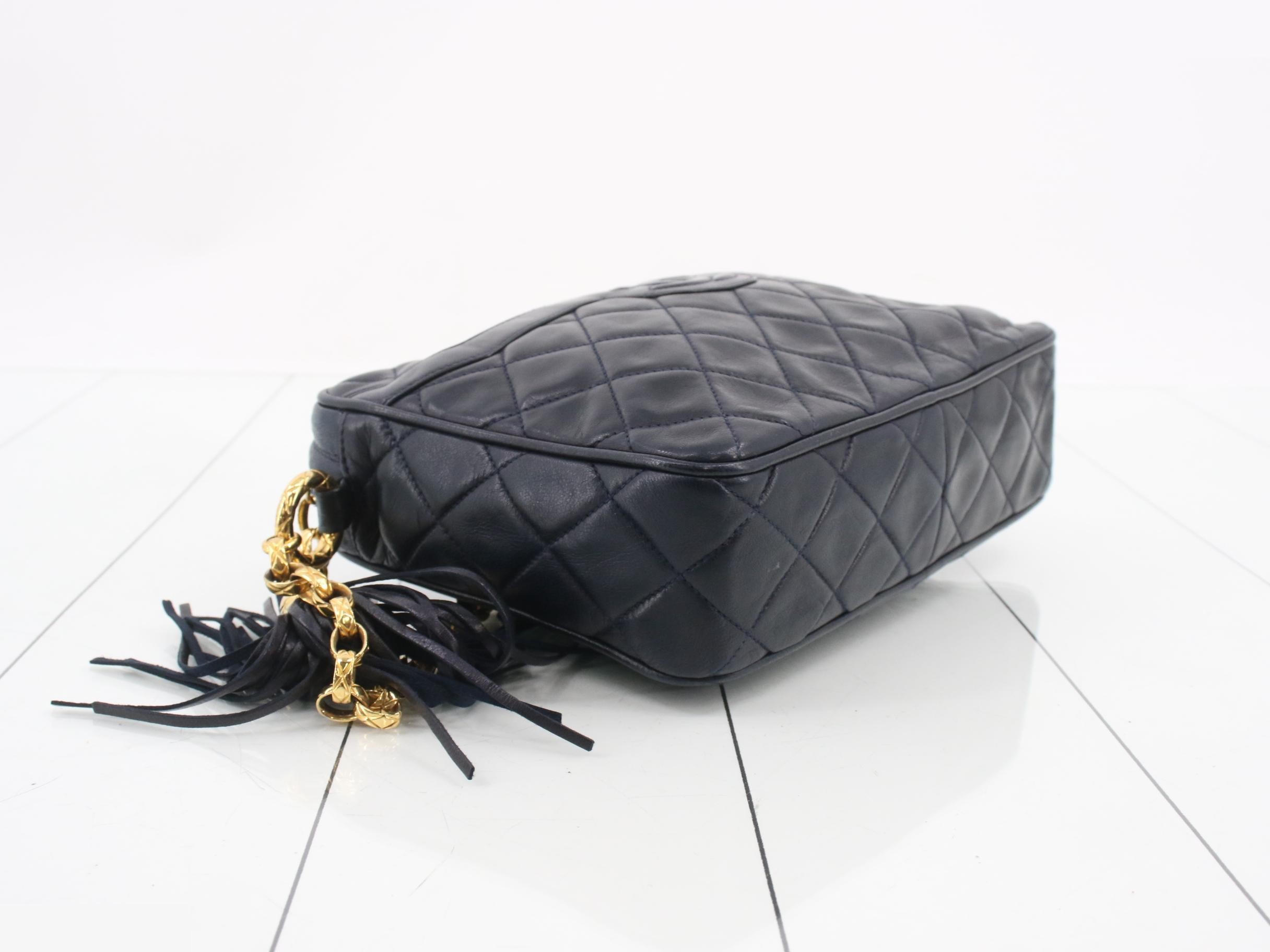 Fringe Small Camera Bag with Chain Shoulder Strap, Lambskin, Navy, Unit 1 — view 5