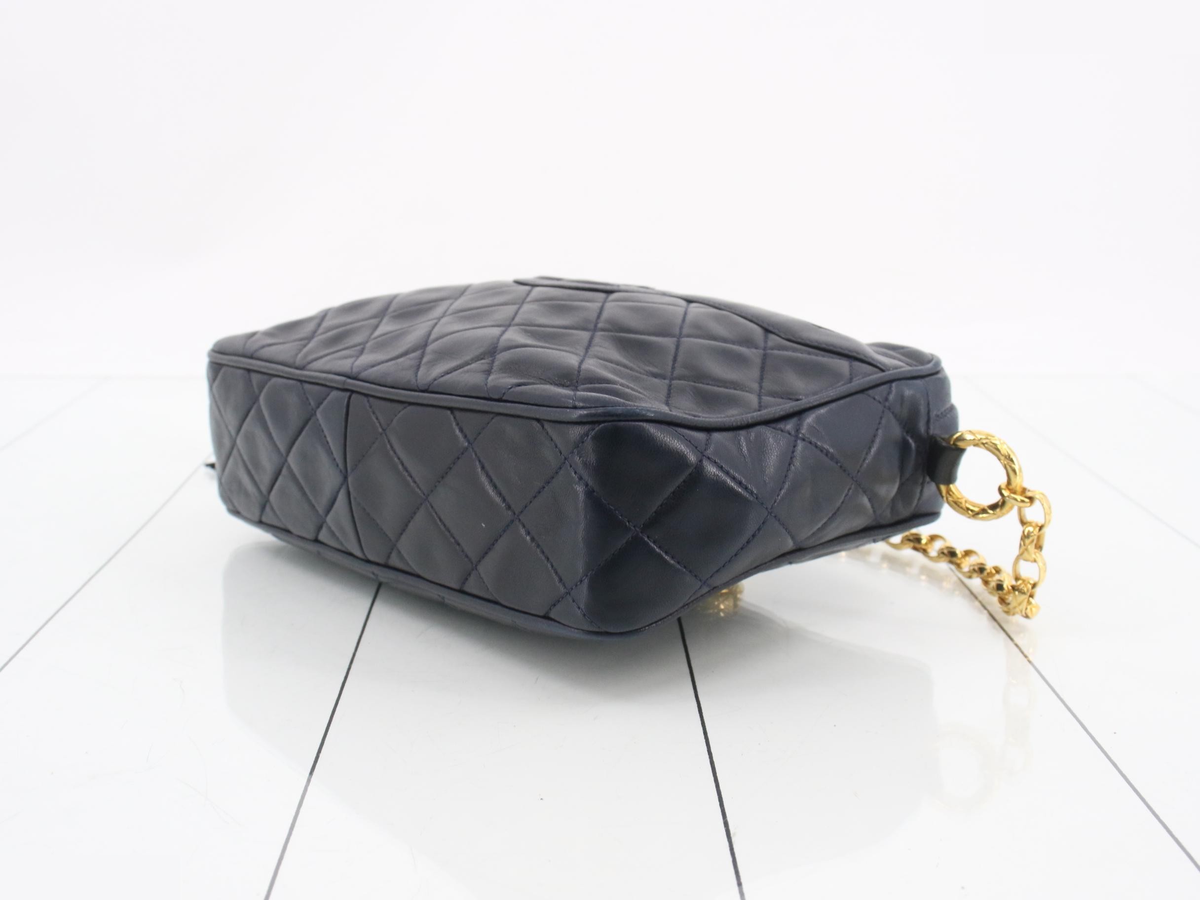 Fringe Small Camera Bag with Chain Shoulder Strap, Lambskin, Navy, Unit 1 — view 6