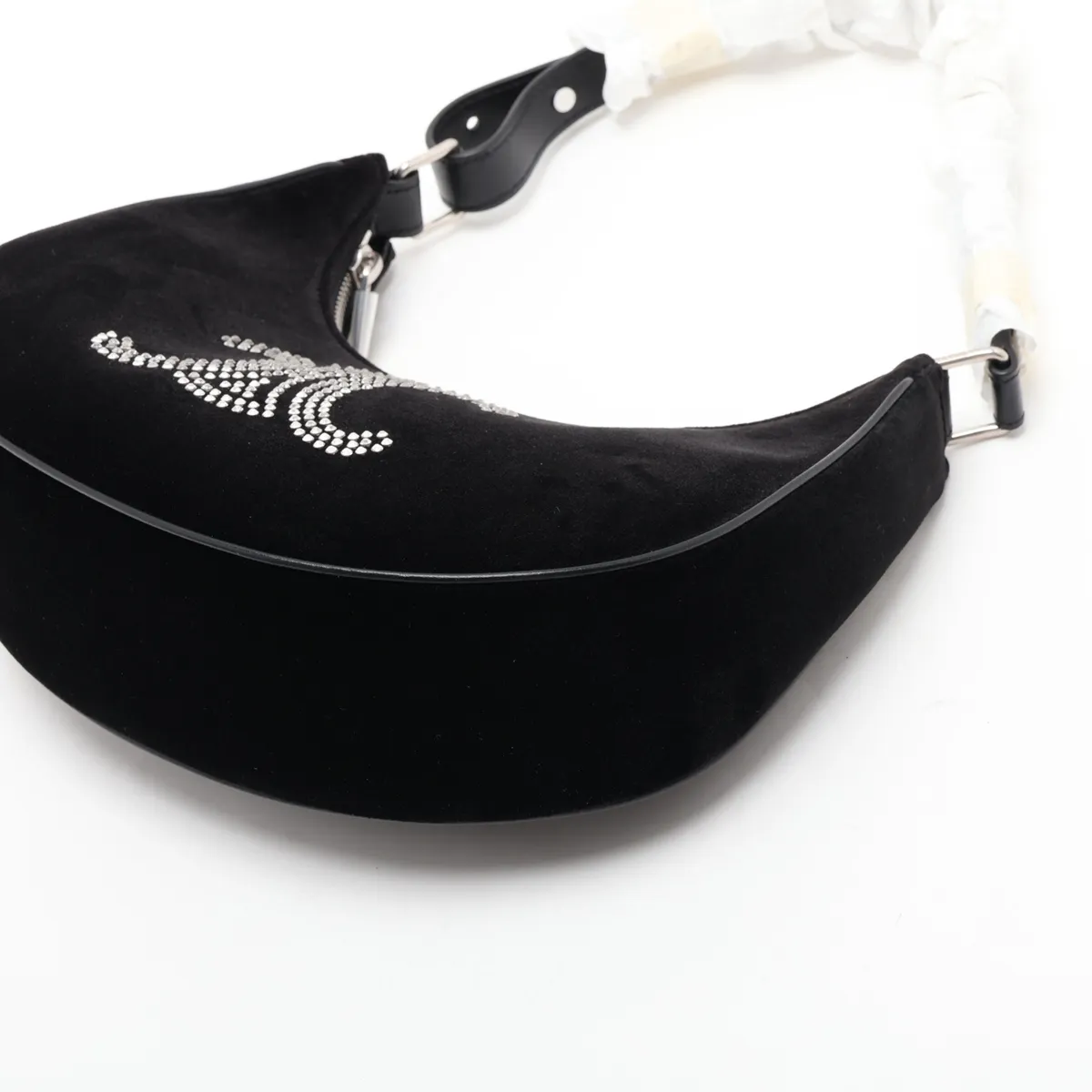 Triomphe Ava Velour x Leather x Rhinestone Shoulder Bag, Black — view 3