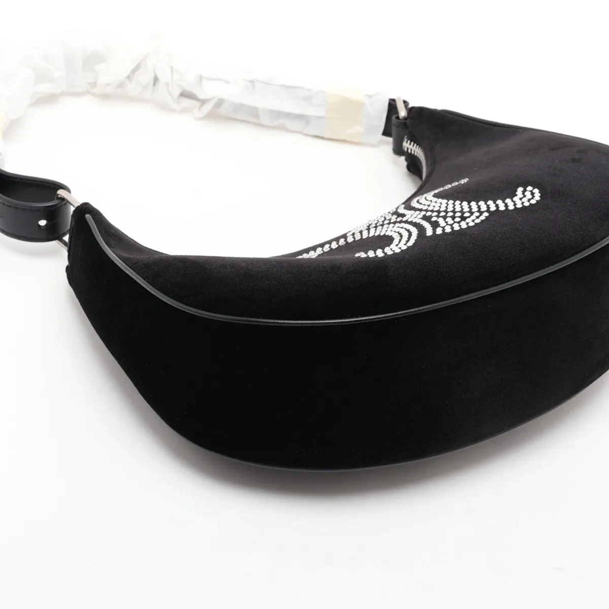Triomphe Ava Velour x Leather x Rhinestone Shoulder Bag, Black — view 4