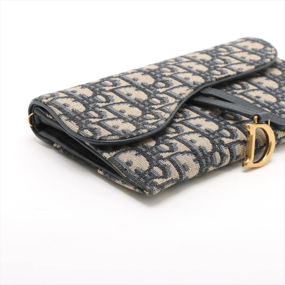 Oblique Saddle Canvas x Leather Chain Wallet, Navy — view 4