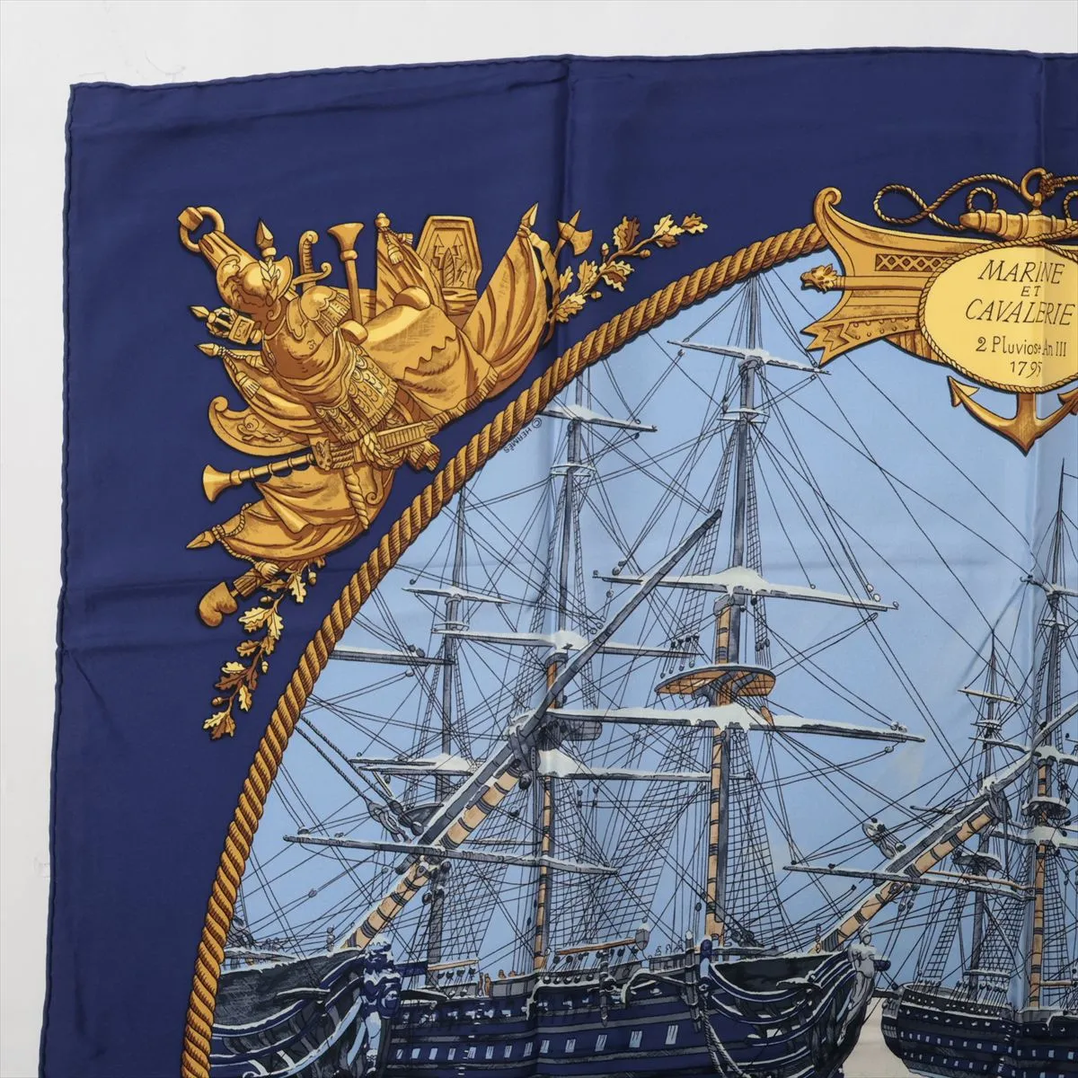Carre 90 MARINE ET CAVALERIE (Sea Cavalry) Silk Scarf, Navy. Shows wear, — view 2