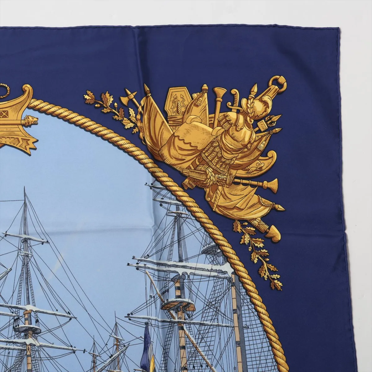 Carre 90 MARINE ET CAVALERIE (Sea Cavalry) Silk Scarf, Navy. Shows wear, — view 3
