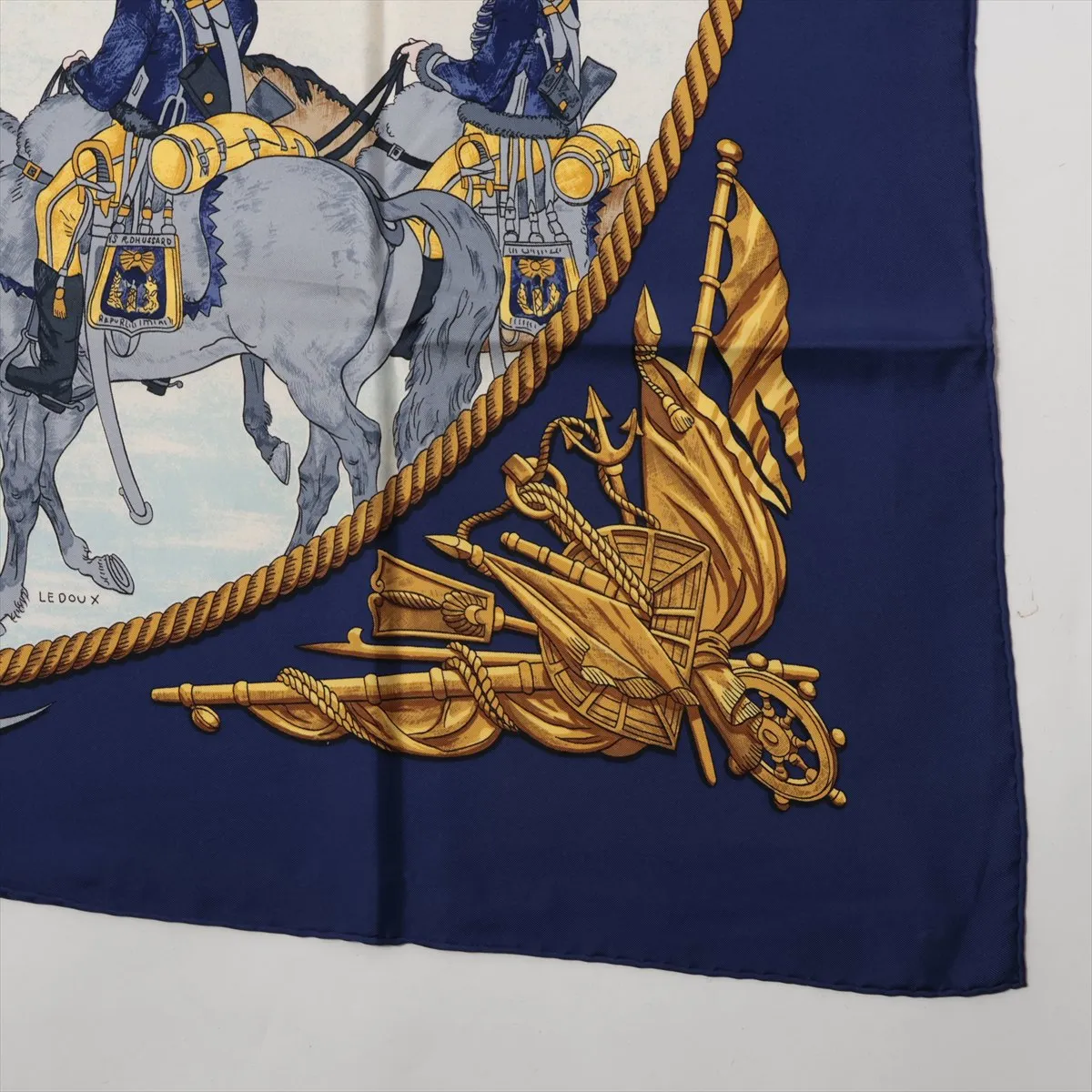 Carre 90 MARINE ET CAVALERIE (Sea Cavalry) Silk Scarf, Navy. Shows wear, — view 4