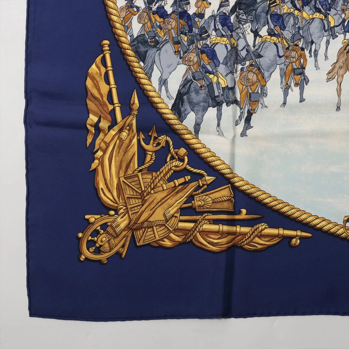Carre 90 MARINE ET CAVALERIE (Sea Cavalry) Silk Scarf, Navy. Shows wear, — view 5