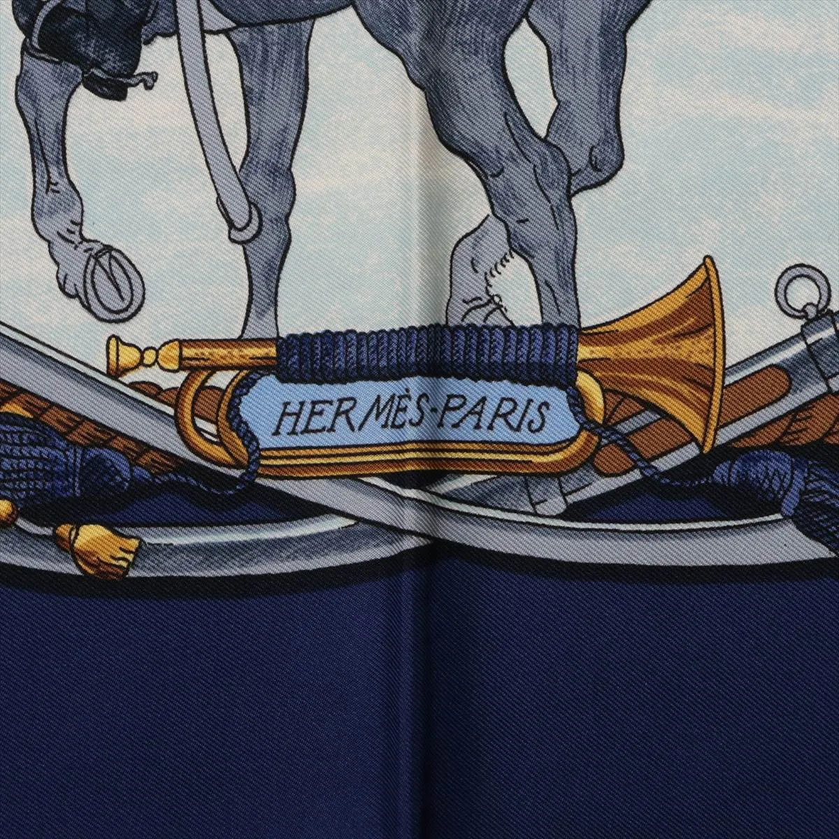 Carre 90 MARINE ET CAVALERIE (Sea Cavalry) Silk Scarf, Navy. Shows wear, — view 6