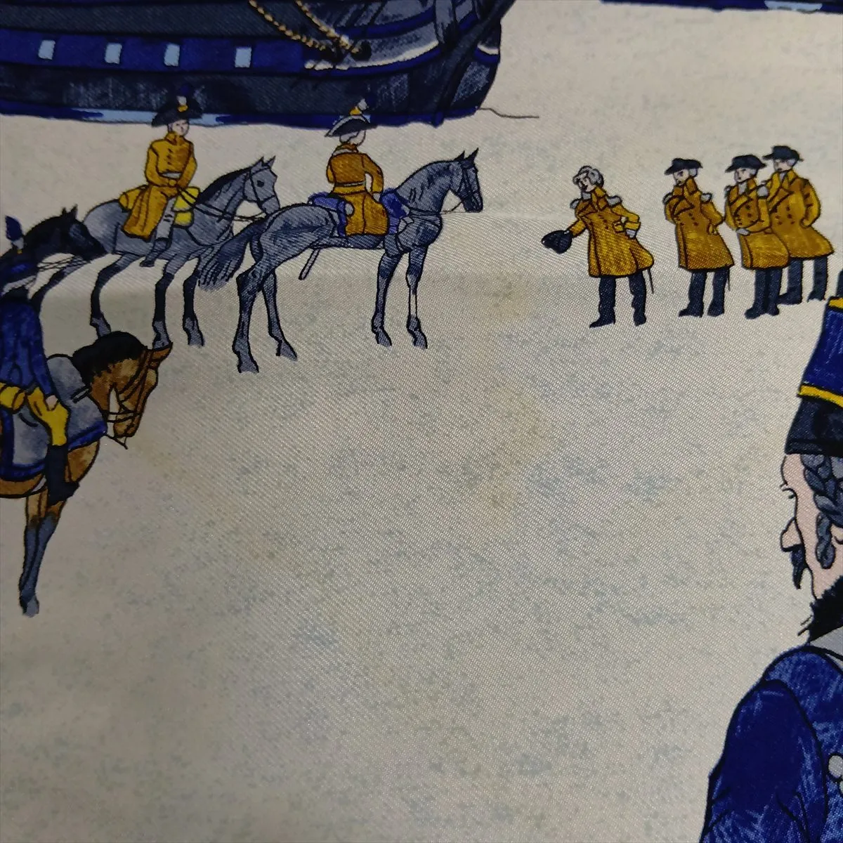 Carre 90 MARINE ET CAVALERIE (Sea Cavalry) Silk Scarf, Navy. Shows wear, — view 10