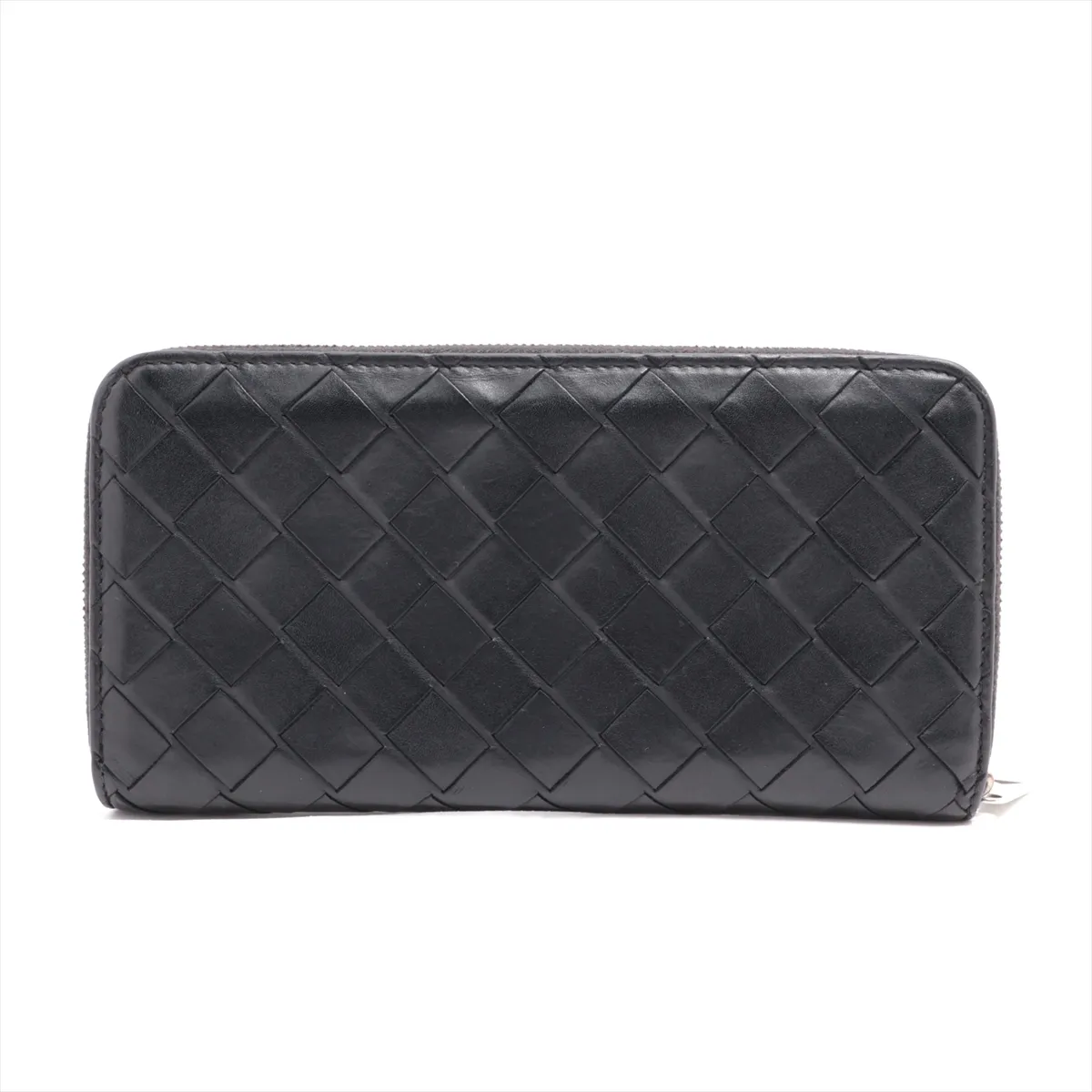 Intrecciato Leather Round Zip Wallet, Black x Red — view 2