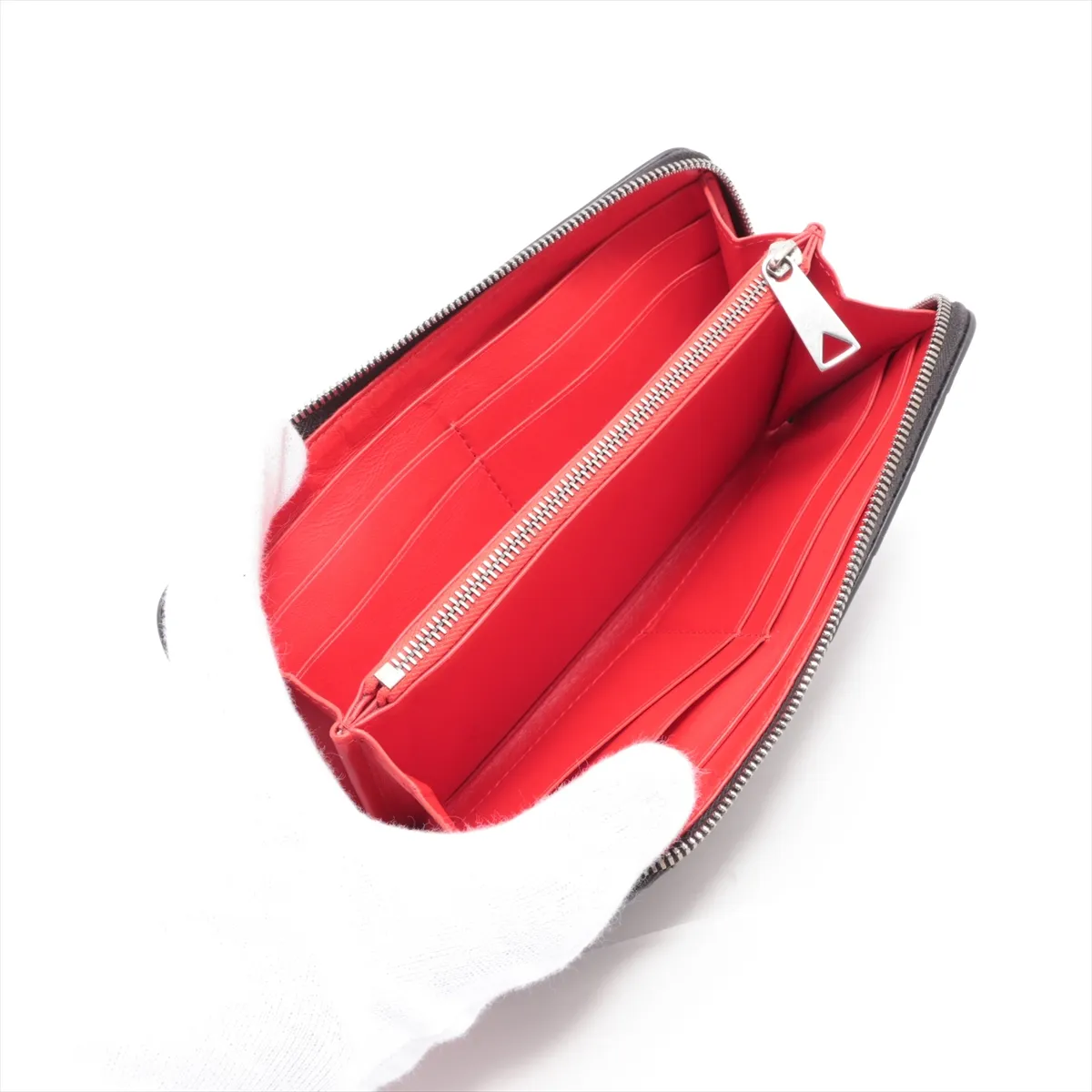 Intrecciato Leather Round Zip Wallet, Black x Red — view 3