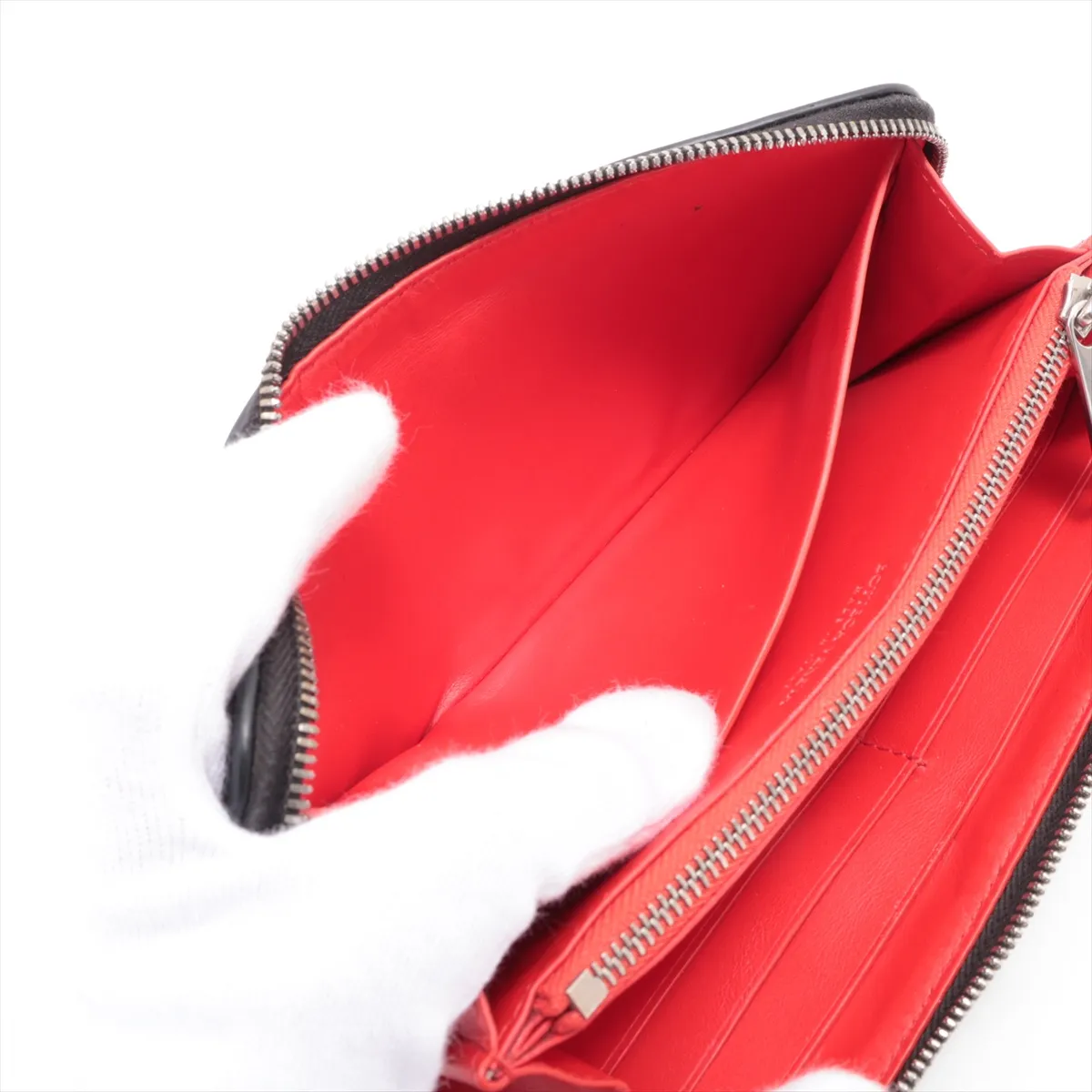Intrecciato Leather Round Zip Wallet, Black x Red — view 4