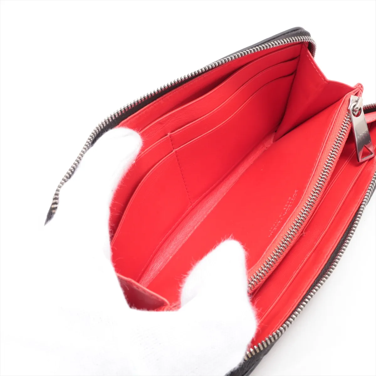 Intrecciato Leather Round Zip Wallet, Black x Red — view 5
