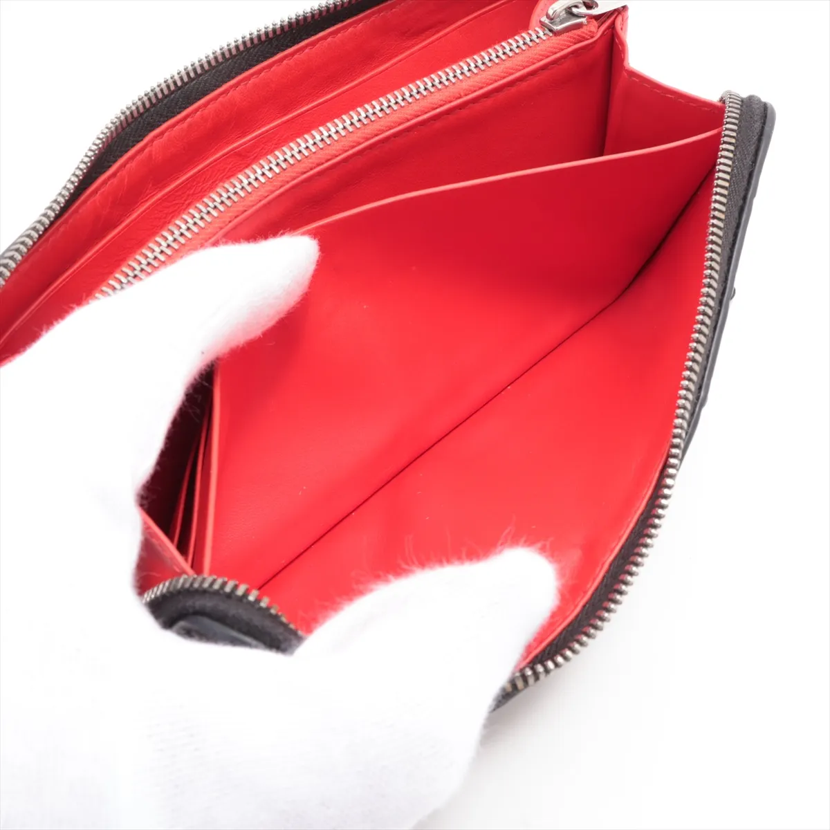 Intrecciato Leather Round Zip Wallet, Black x Red — view 6