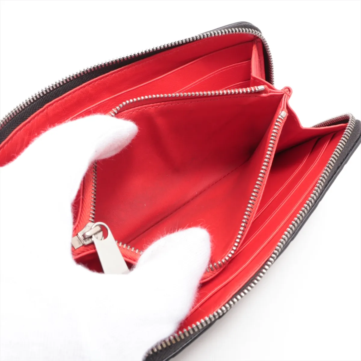 Intrecciato Leather Round Zip Wallet, Black x Red — view 7