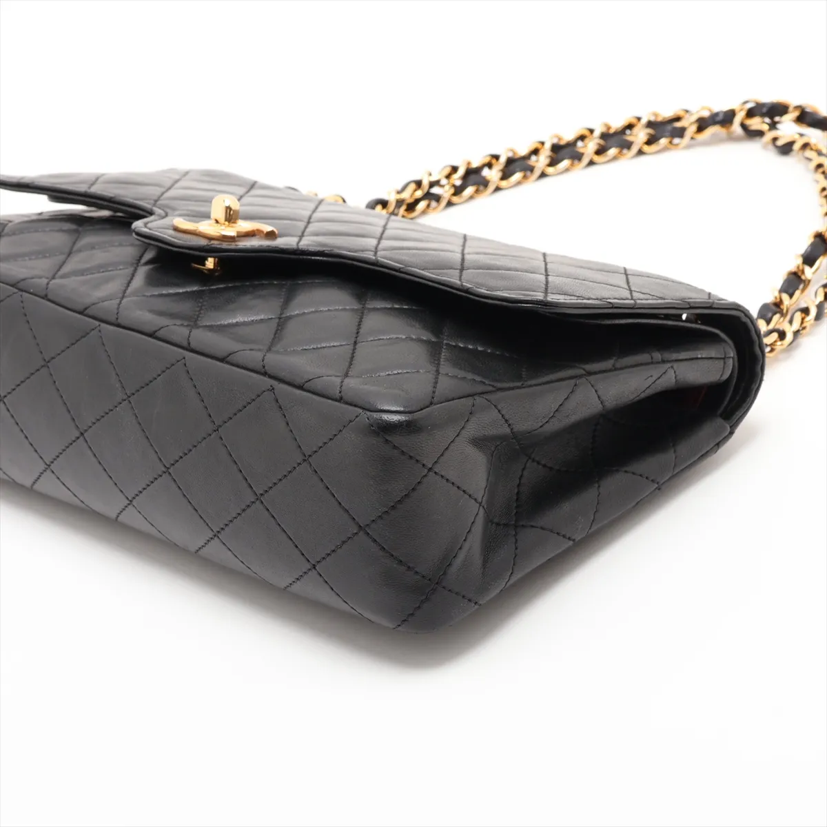 Matelassé Lambskin Double Flap Double Chain Bag, Black with Gold Hardware — view 3