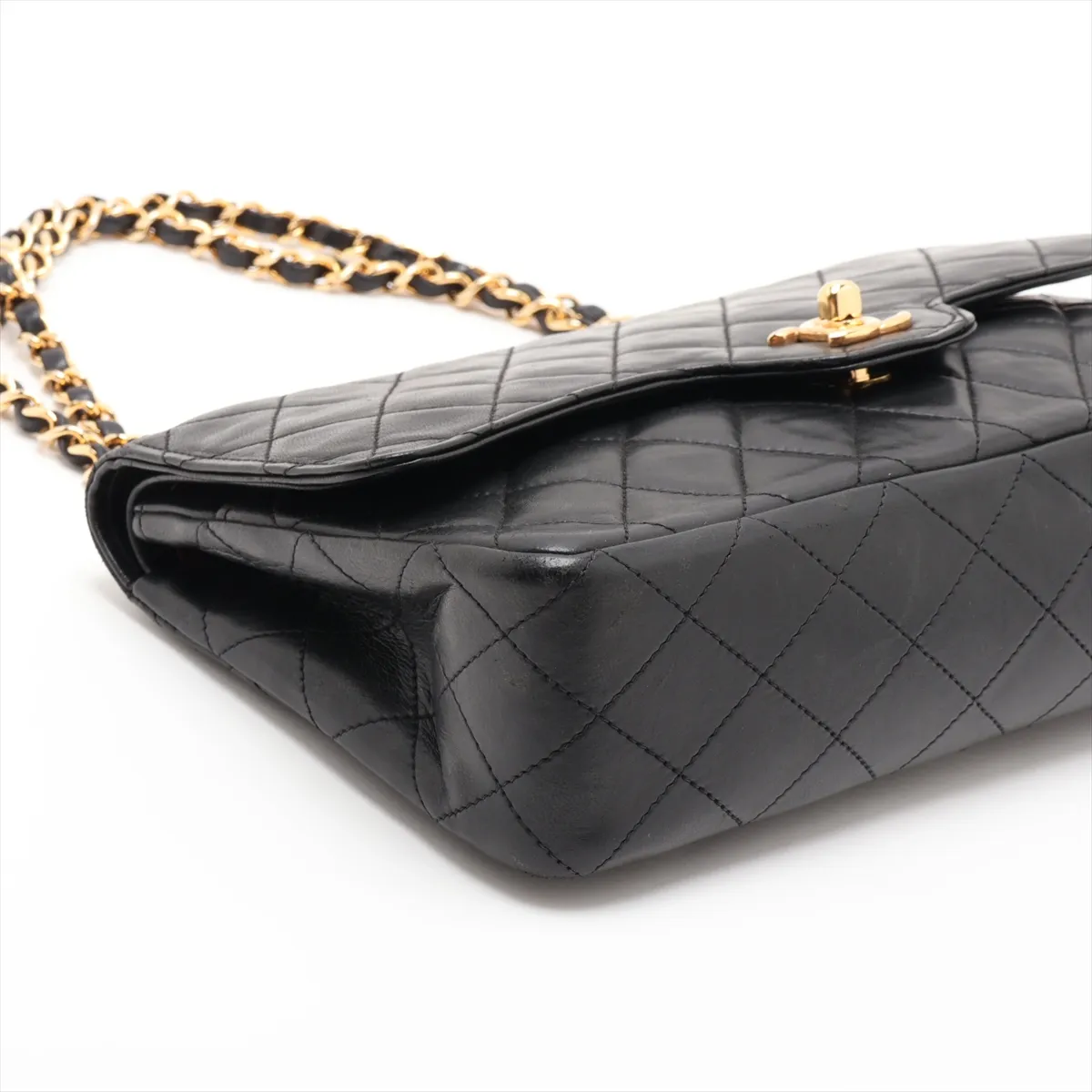 Matelassé Lambskin Double Flap Double Chain Bag, Black with Gold Hardware — view 4