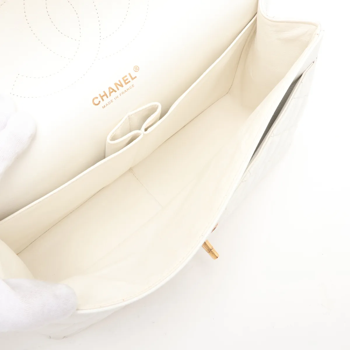 [Individually packaged] Chanel Large Matelassé 30 Caviar Skin Double Flap Double Chain Bag, White with Gold Hardware, 17908521, Serial Number 17, A58600 — view 7
