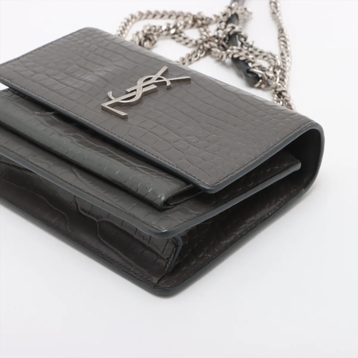 Sunset Croco Embossed Chain Shoulder Bag Gray 452157 — view 3