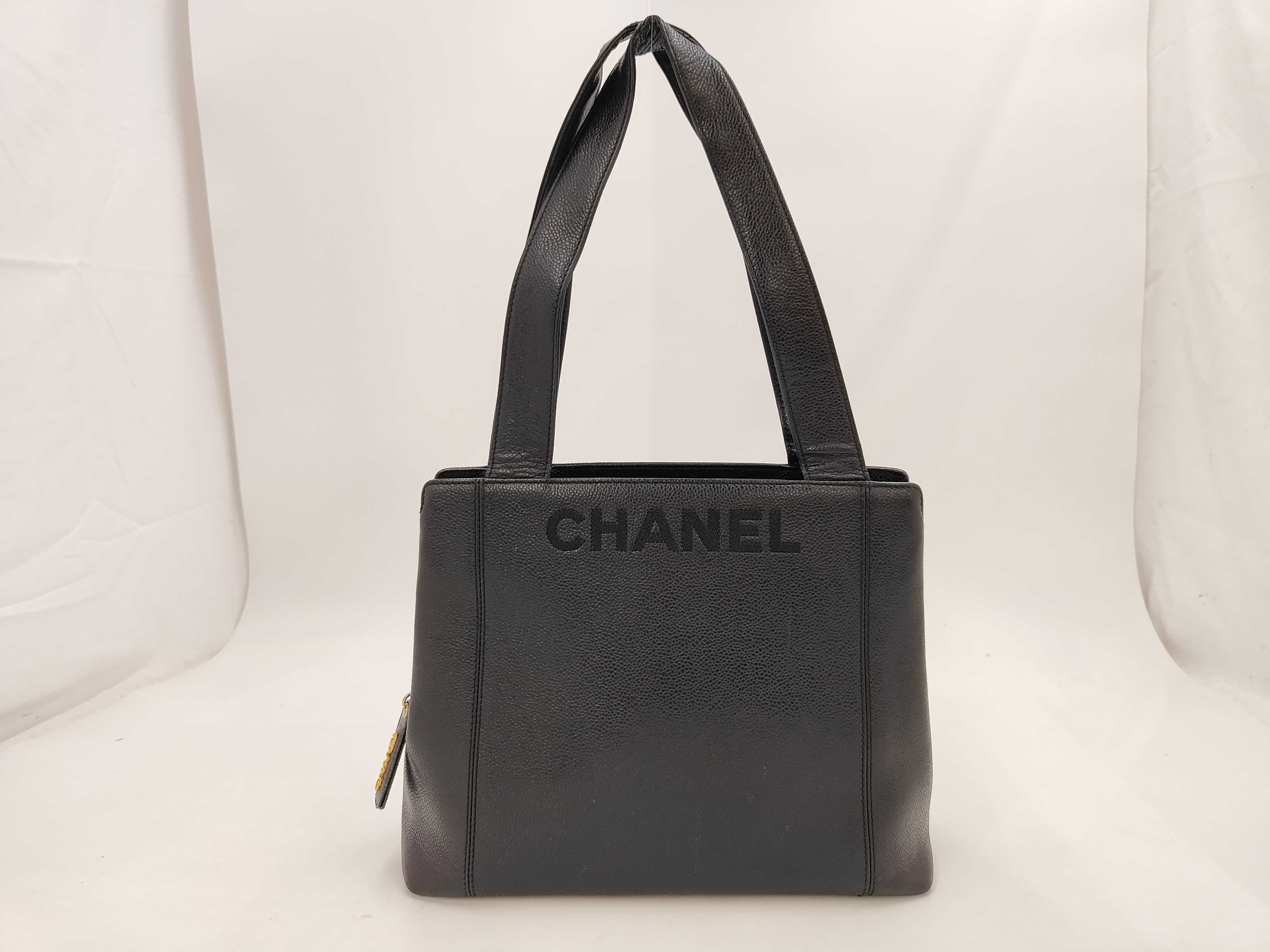 Caviar Skin Logo Tote Bag, Black, with sticker, torn inner pocket, W31cm.