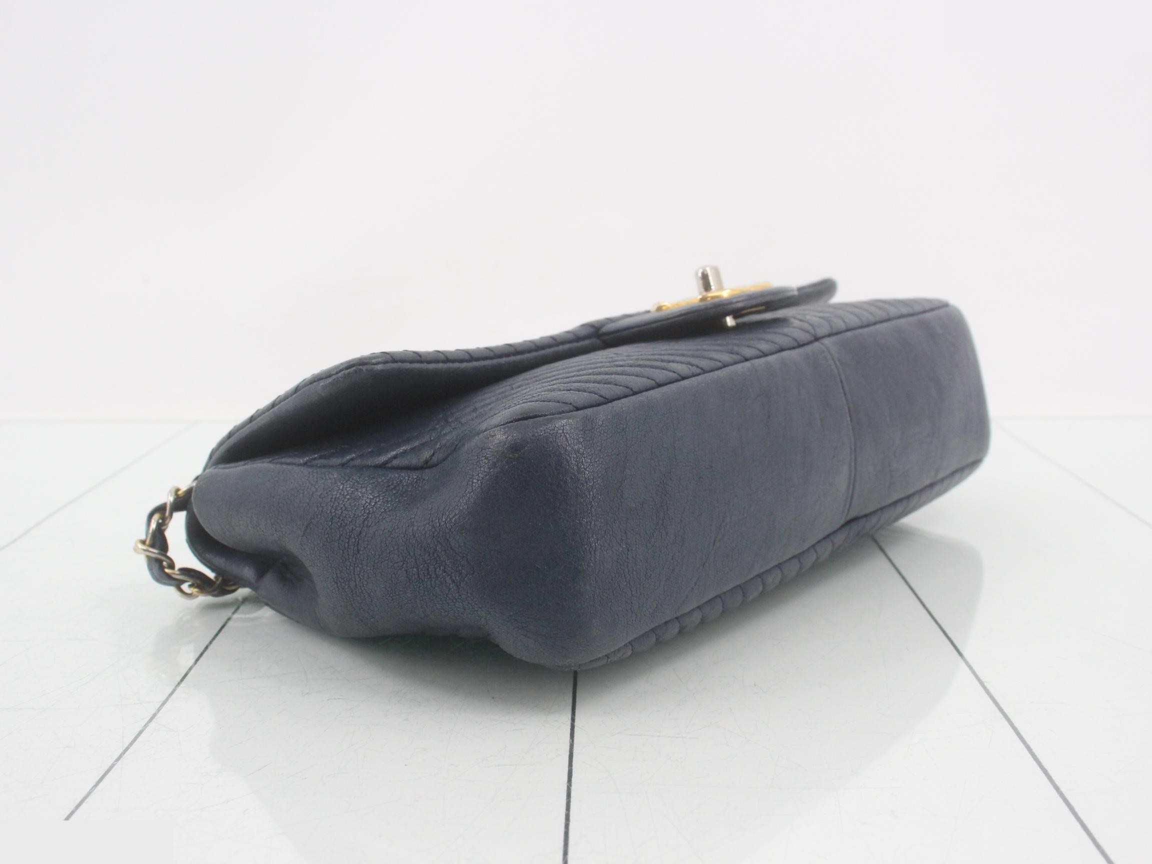 V-stitch leather double chain shoulder bag, navy — view 5
