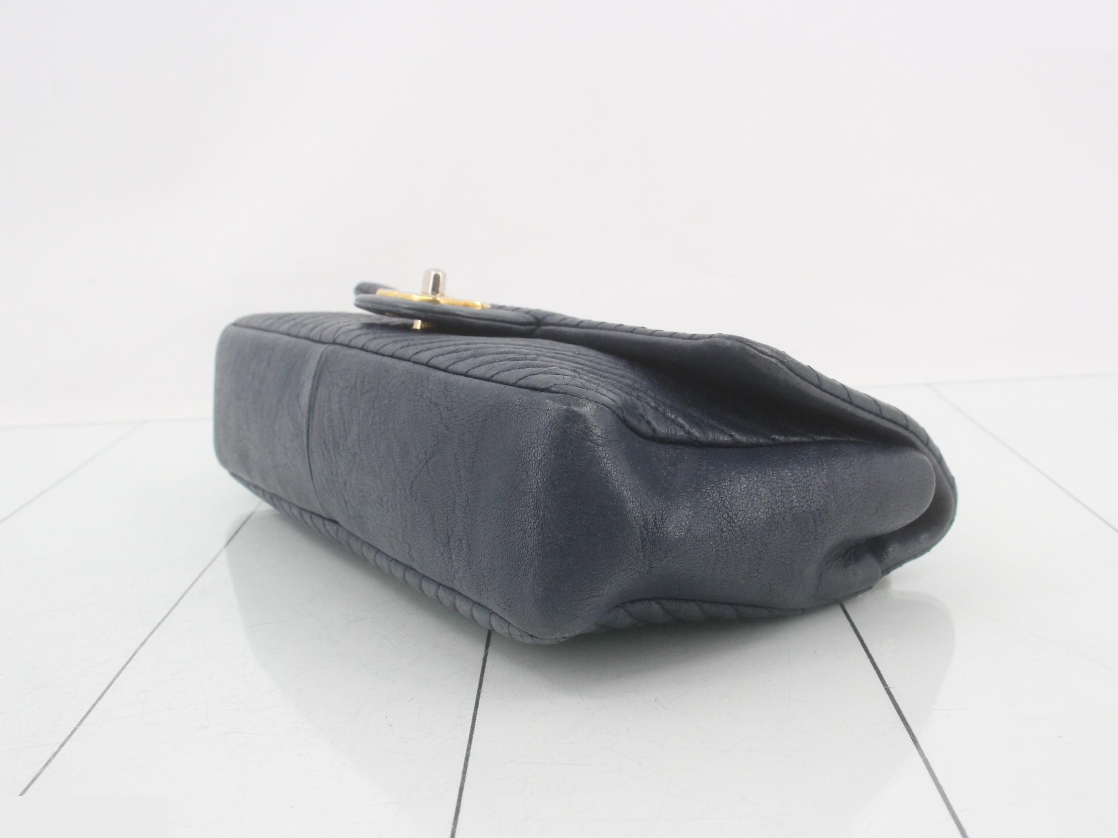 V-stitch leather double chain shoulder bag, navy — view 6