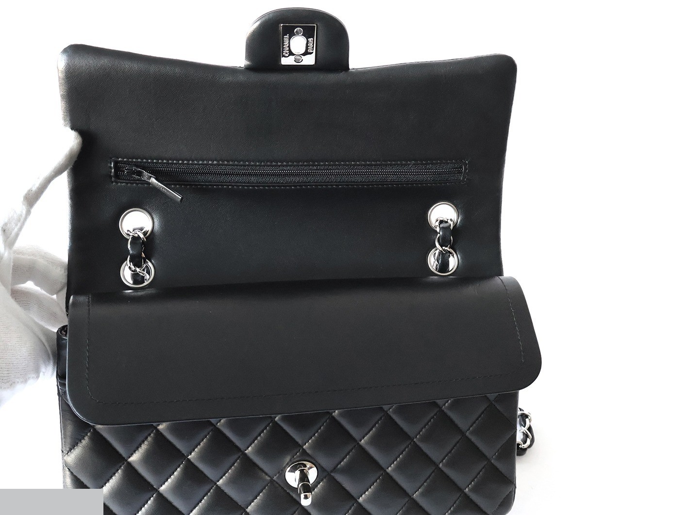 Matelassé 25 Lambskin Double Flap Double Chain Shoulder Bag, Black — view 10